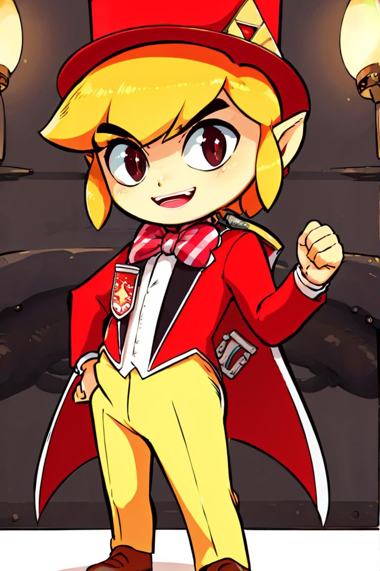 <lora:Diives_Style:0.8>,((masterpiece,best quality)),  <lora:Toon_Link_Zelda:0.9>, Toon_Link_Zelda, black eyes, solo, 1boy, top hat, bowtie, red formal clothes, solo, smiling, standing, looking at viewer,