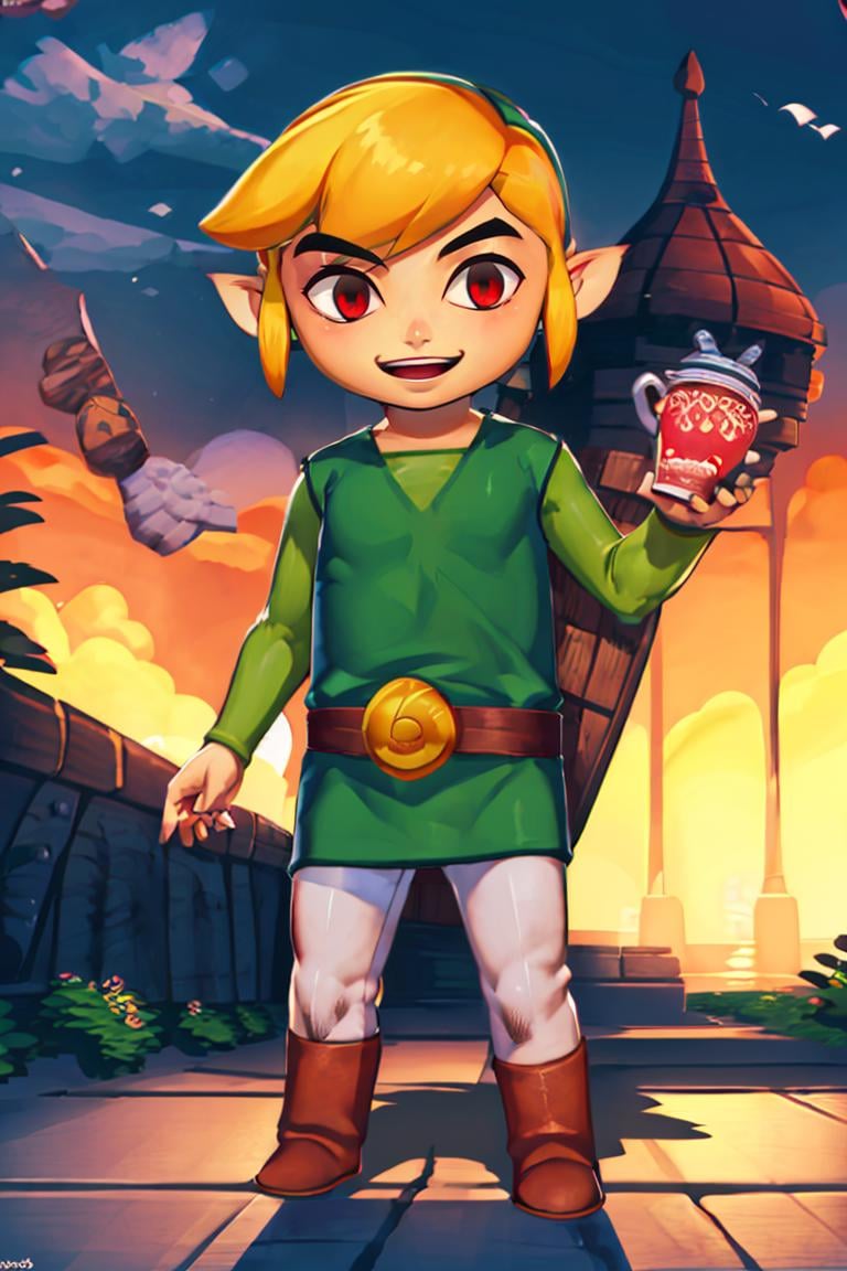 <lora:Genzoman_Style_Dim64:0.6>,((masterpiece,best quality)),  <lora:Toon_Link_Zelda:0.9>, Toon_Link_Zelda, dark link, solo, 1boy, red eyes, tunic, belt,  solo, smiling, standing, looking at viewer,