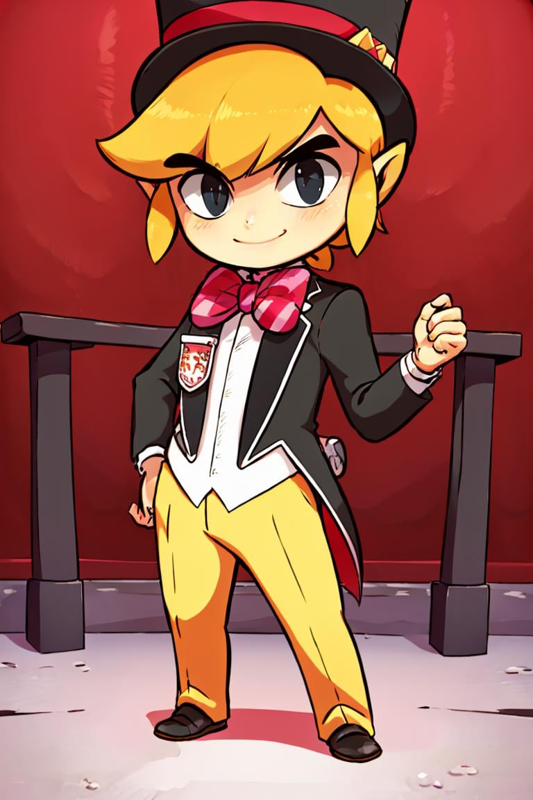 <lora:Diives_Style:0.8>,((masterpiece,best quality)),  <lora:Toon_Link_Zelda:0.9>, Toon_Link_Zelda, black eyes, solo, 1boy, top hat, bowtie, formal clothes, solo, smiling, standing, looking at viewer,