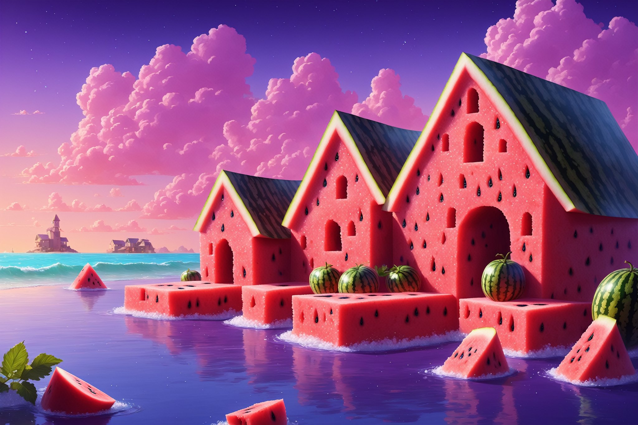 (Masterpiece,  best quality:1.3),  highly detailed,  fantasy,  8k,  2d,  bold lineart,  cartoon,  sweetscape,  dynamic,  cinematic,  ultra-detailed,  sweets,  oversized watermelon,  fantasy,  gorgeous,  vector artstyle,  digital illustration,  beautiful composition,  intricate details,  highly detailed,  volumetric lighting,  house,  iridescent,  water,  tropical beach,  seaside,  fruit,  sky,  purple grass,  cloud,  cookie,  sugar,  dramatic lighting,  beautiful,  drip,  sparkle,  food,  cute,  glitter,  bubble,  see-through,  transparent,  scenery,  (no humans),  shimmer,  drizzle,  beautiful,  (shiny:1.2),  various colors,  bloom:0.4,  extremely detailed,  gradients), more detail XL,<lora:EMS-61413-EMS:0.200000>,<lora:EMS-169676-EMS:0.800000>