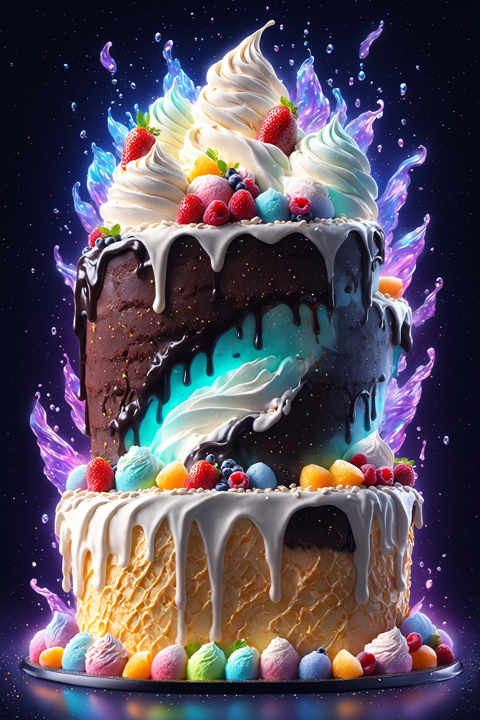 (Masterpiece,  best quality:1.3),  highly detailed,  fantasy,  8k,  sweetscape,  dynamic,  cinematic,  ultra-detailed,  sweets,  fantasy,  gorgeous,  digital illustration,  beautiful composition,  intricate details,  highly detailed,  volumetric lighting,  ice cream,  whipped cream,  sugar,  dramatic lighting,  beautiful,  dripping,  sparkle,  glitter,  dark theme,  multicolored theme,  dark,  black background,  (glowing),  glowing cake,  (see-through,  transparent),  scenery,  (no humans),  shimmer,  drizzle,  beautiful,  (shiny:1.2),  various colors,  bloom:0.4,  extremely detailed,  gradients), more detail XL, niji style, sweetscape,<lora:EMS-61413-EMS:0.300000>,<lora:EMS-169676-EMS:1.200000>