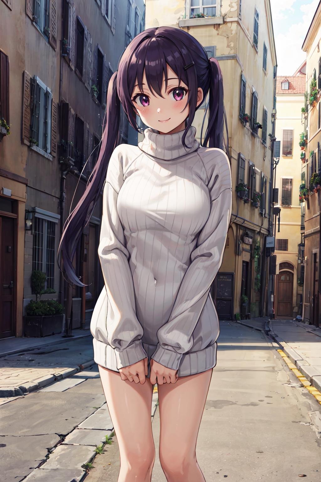 masterpiece,best quality,highres,ultra-detailed,aarize,long hair,twintails,hairclip,<lora:tedeza_rize:0.8>,(sweater:1.2),turtleneck,street,smile,standing,