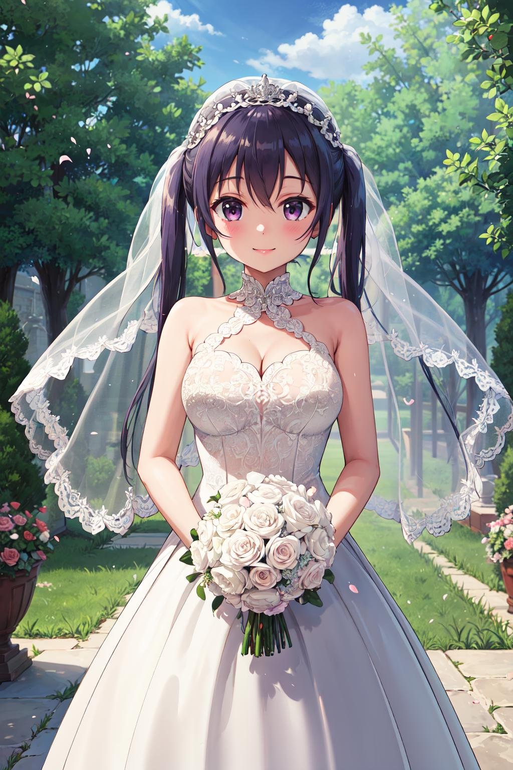 masterpiece,best quality,highres,ultra-detailed,aarize,long hair,twintails,hairclip,<lora:tedeza_rize:0.8>,(wedding dress:1.2),white dress,veil,garden,smile,outdoors,standing,cowboy shot,holding bouquet,