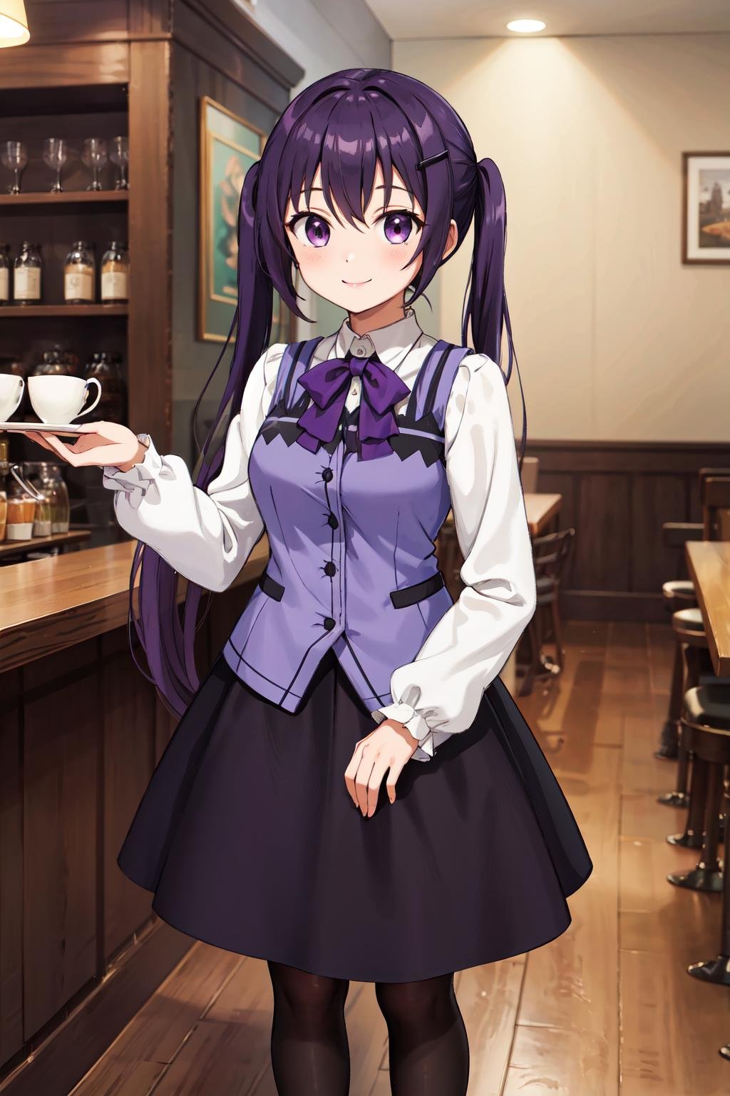 masterpiece,best quality,highres,ultra-detailed,aarize,long hair,twintails,hairclip,rabbit house uniform,waitress,purple bowtie,vest,purple vest,wing collar,white shirt,long sleeves,black skirt,long skirt,(black pantyhose:1.2),black footwear,boots,<lora:tedeza_rize:0.8>,indoors,cafe,standing,cowboy shot,smile,