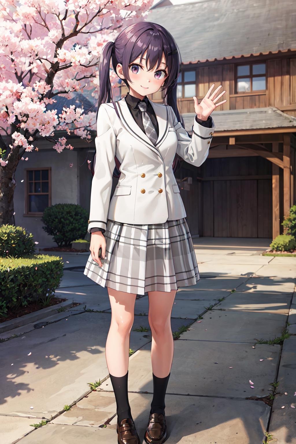 masterpiece,best quality,highres,ultra-detailed,bbrize,long hair,twintails,hairclip,school uniform,blazer,white jacket,(grey necktie:1.2),black shirt,collared shirt,long sleeves,grey skirt,plaid,socks,black socks,loafers,brown footwear,<lora:tedeza_rize:0.8>,outdoors,cherry blossoms,standing,smile,waving,cowboy shot,