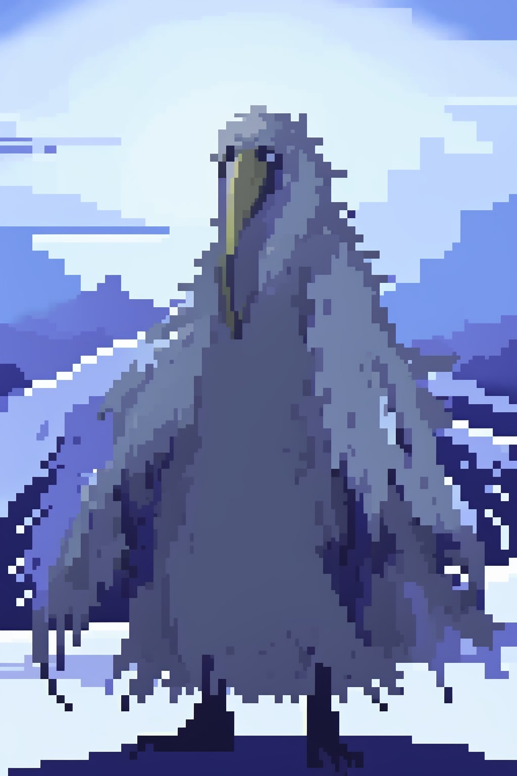 Opium bird, standing, feathers, white feathers, bird, birdman, humanoid, bird head, with extremely long beak, long beak, long mouth, full body, bird legs, bird arms, sinister, terrifying, beautiful , ragged, wide body, fat

High quality, HD, 4kHD, cinematic, atmospheric, realistic, ultra-realistic
snow, mountain, cloudy, gray sky, dark clouds
Detail,lora:largebulg1-000012:1,AIDA_NH_humans,Pixel art