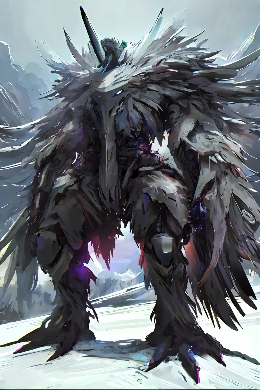 Opium bird, standing, feathers, white feathers, bird, birdman, humanoid, bird head, with extremely long beak, long beak, long mouth, full body, bird legs, bird arms, sinister, terrifying, beautiful , ragged, wide body, fat

High quality, HD, 4kHD, cinematic, atmospheric, realistic, ultra-realistic
snow, mountain, cloudy, gray sky, dark clouds
Detail,lora:largebulg1-000012:1,AIDA_NH_humans,hand,DonMW15p,LEGO,lego