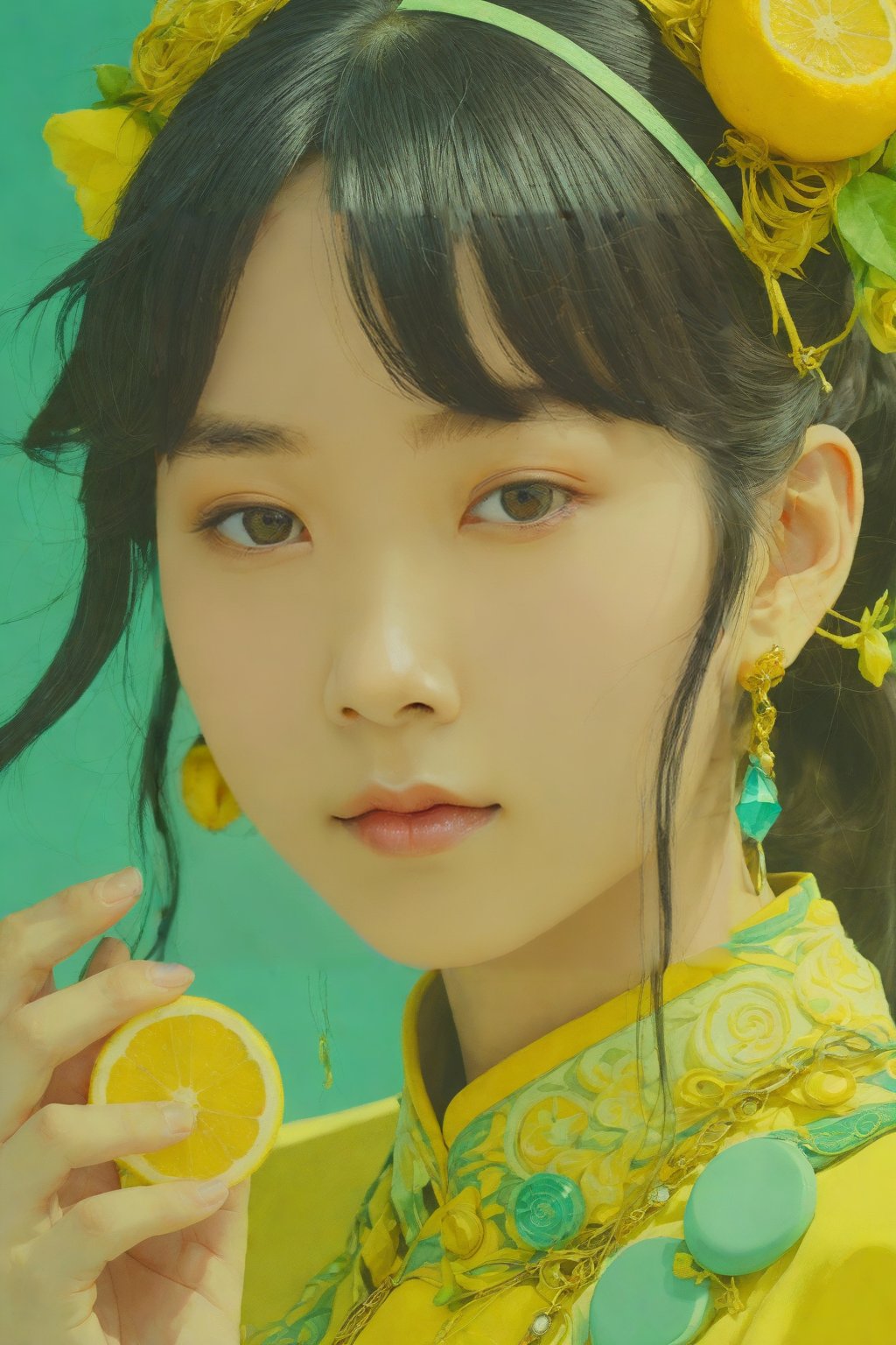 stylized by Masaaki Sasamoto, Doug Chiang, photograph, intricate details,close up of a Friendly Feminine Oriental (1girl:1.1) , Lemon Yellow, Sky Blue and Mint Green Buttons, Smoky Conditions, Anime screencap, Art Photography, Starlight, Slow Shutter Speed, Sony A7, 80mm, realistic flawless face