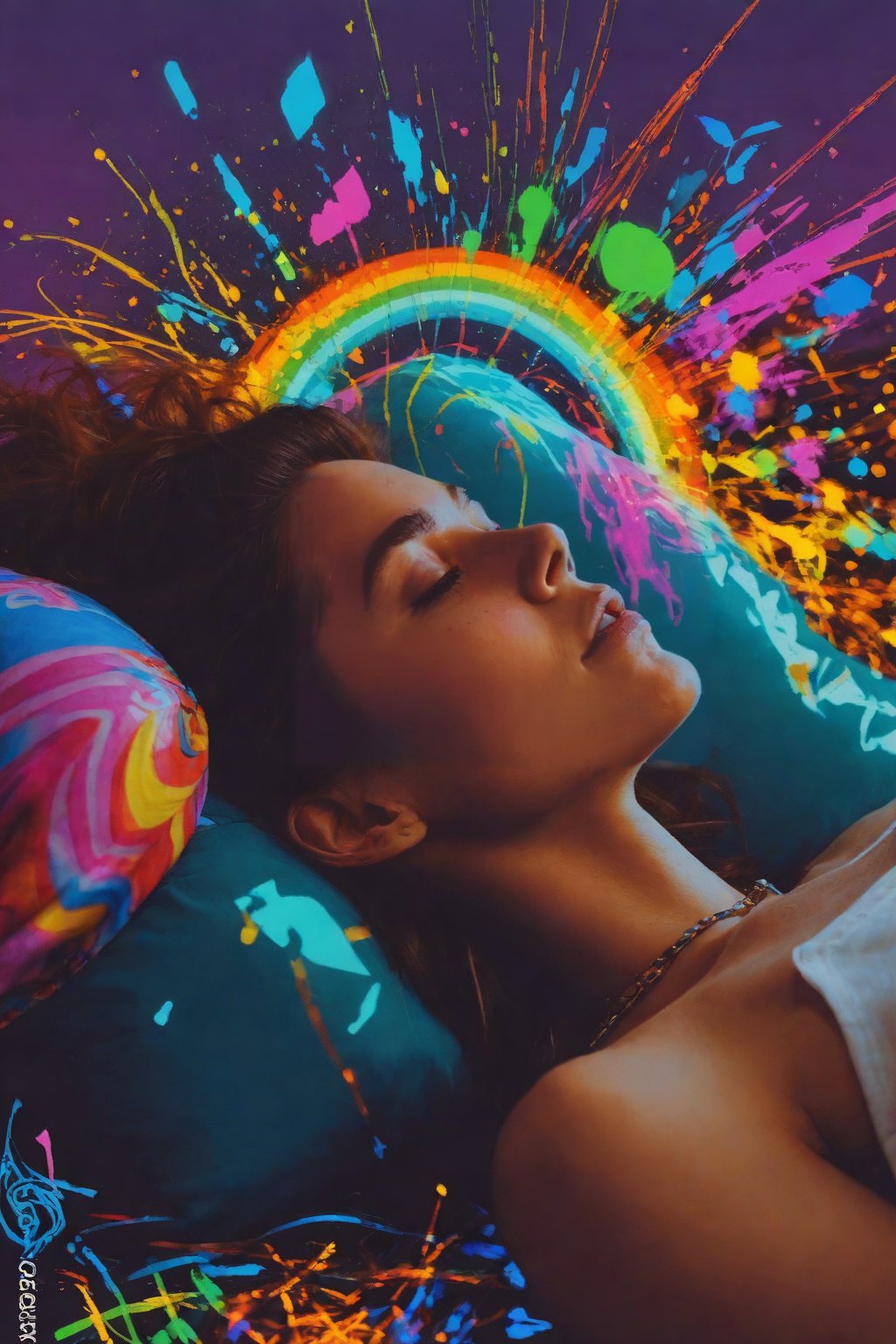 photograph, POV shot of 2000'S stout Cuban 1girl, surreal, sleeping pose, her hair is Rainbow and styled as Low fade, Bokeh, Zen, Cold Lighting, Slow Shutter Speed, Kodak Ektachrome E100, F/2.8, wallpaper, Best quality, designed by Tristan Eaton