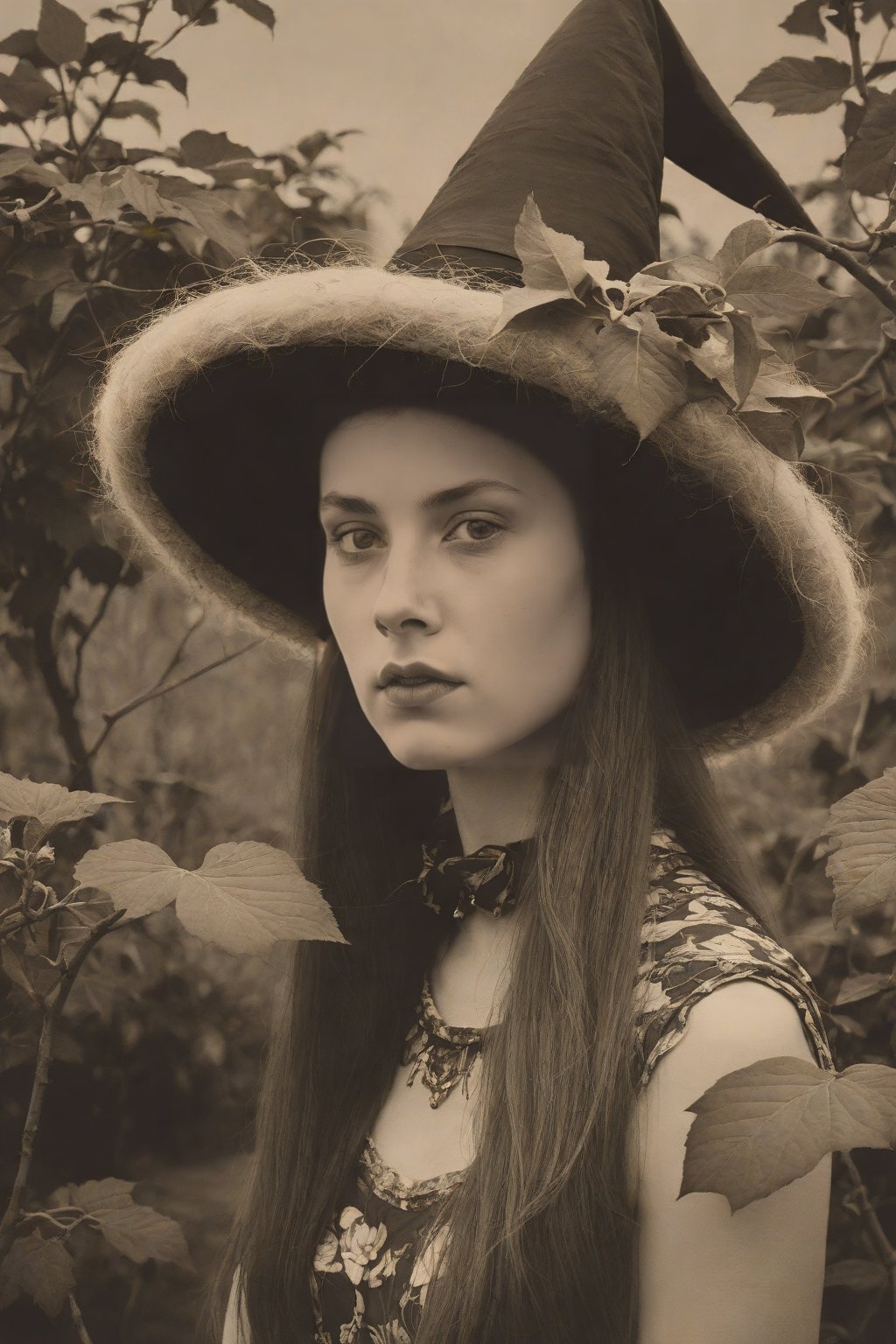 designed by Bronzino, photograph, garden, Furious (1girl:1.3) , she is wearing a Wizard hat that was forged by Apple computers, It is, Bending backwards, Twist out hair, she has a Fur Scarf, plain BW background, Wide view, Hopeless, Cinematic, Fujicolor C200, L USM, Vivid Colors