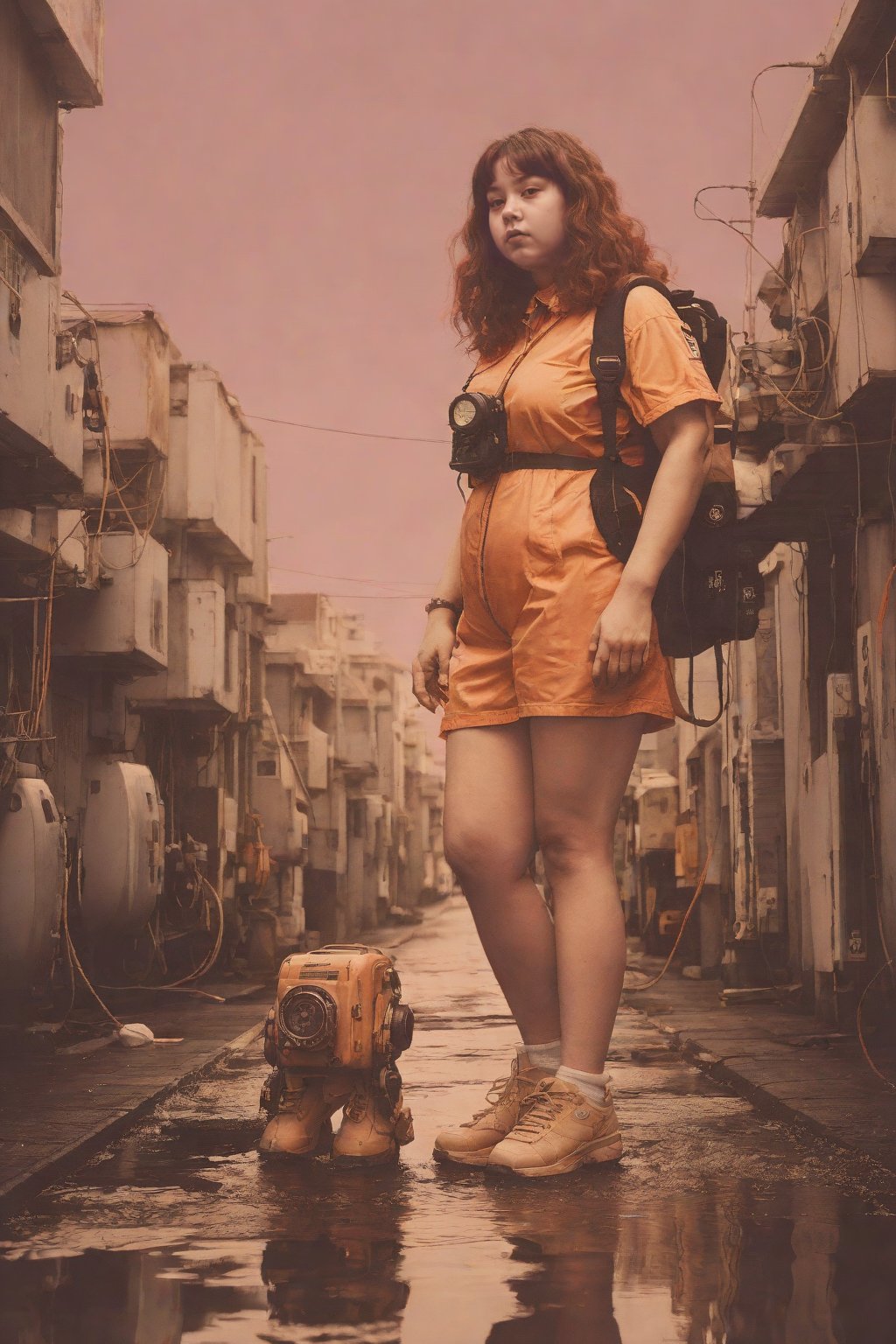 photograph, highly detailed, chubby Deep-Sea Diver (1girl:1.1) , she is dressed in Process Art fashion style T-shirt dress and sneakers, her hair is Caramel, Fur-Trimmed Mauve Robotic Legs, soft focus, Short exposure, film camera, Depth of field 270mm, Monochromatic orange filter, RTX