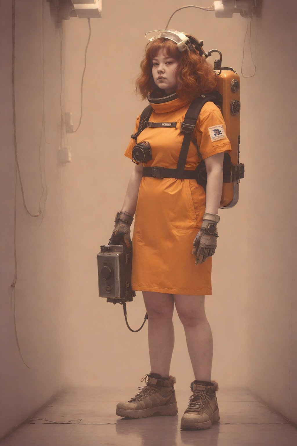 photograph, highly detailed, chubby Deep-Sea Diver (1girl:1.1) , she is dressed in Process Art fashion style T-shirt dress and sneakers, her hair is Caramel, Fur-Trimmed Mauve Robotic Legs, soft focus, Short exposure, film camera, Depth of field 270mm, Monochromatic orange filter, RTX