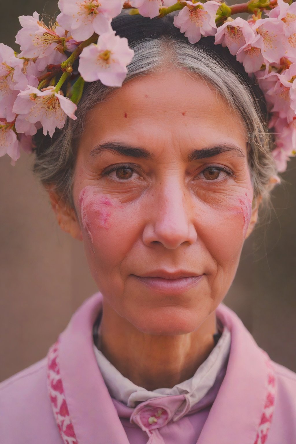 [by Giovanni Gabriele Cantone and (Donna Huanca:1.3) :3], photograph, Injured 52 year old Palestinian 1girl as Amish Space Mage, Two-Tone hair, cherry blossom pink Anime Eyes, Bokeh, Ultrarealistic, Fujicolor Pro 400H, 50mm, Impasto