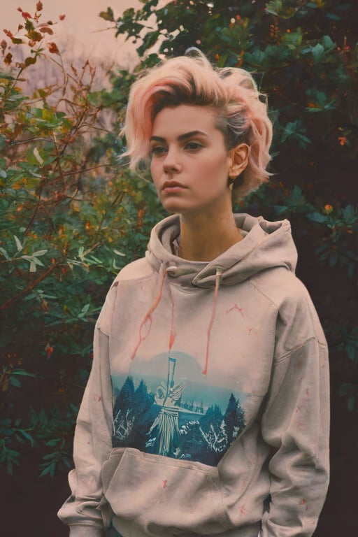 photograph, Lush Greek 1girl, Landscaping, dressed in Chic Sweatshirt, her hair is Celestial and styled as Mohawk, Foggy, film grain, Lomography Color 100, F/14, Infrared