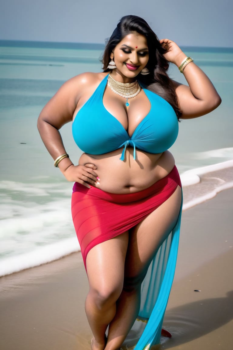 beautiful indian bbw in solid color petticoat, bikini, red rose flowers, blue necklace, smiling, raining, luxury beach with sea view,petticoat