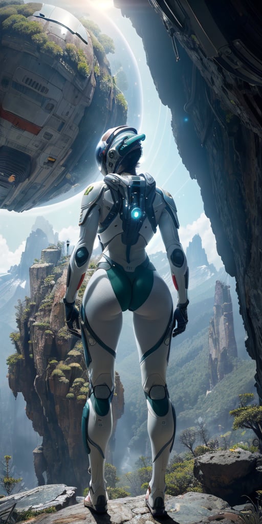 (35mmstyle:1.2), Highly detailed RAW color Photo, Rear Angle, Full Body, of (female space marine, wearing white and red space suit, futuristic helmet, tined face shield, rebreather, accentuated booty), outdoors, (standing on Precipice of tall rocky mountain, looking out at magical lush green rain forest on alien planet), vivid detail, (exotic alien planet), toned body, big butt, (sci-fi), (mountains:1.1), (lush green vegetation), (two moons in sky:0.8), (highly detailed, hyperdetailed, intricate), (lens flare:0.7), (bloom:0.7), particle effects, raytracing, cinematic lighting, shallow depth of field, photographed on a Sony a9 II, 35mm wide angle lens, sharp focus, cinematic film still from Gravity 2013, viewed from behind, dynamic angle, ass worship