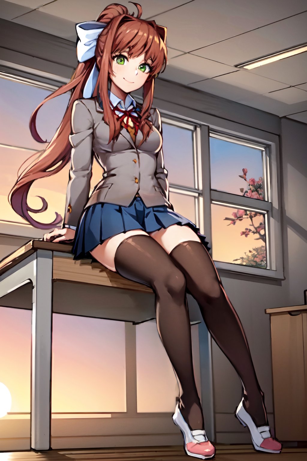 monika, white bow, ponytail, pleated skirt, green eyes, smile, grey jacket, in classroom, sunset, sitting on desk, full body, black thighhighs, pink footwear