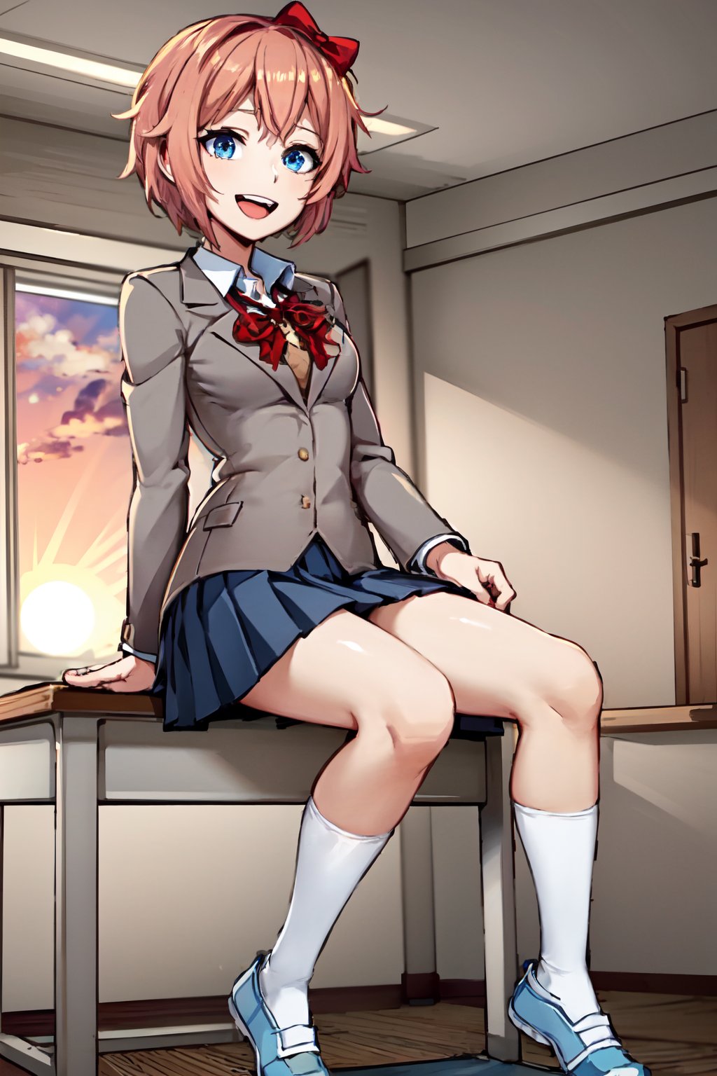 sayori, red bow, small breasts, pleated skirt, :d, grey jacket, in classroom, sunset, sitting on desk, full body, white socks, blue footwear