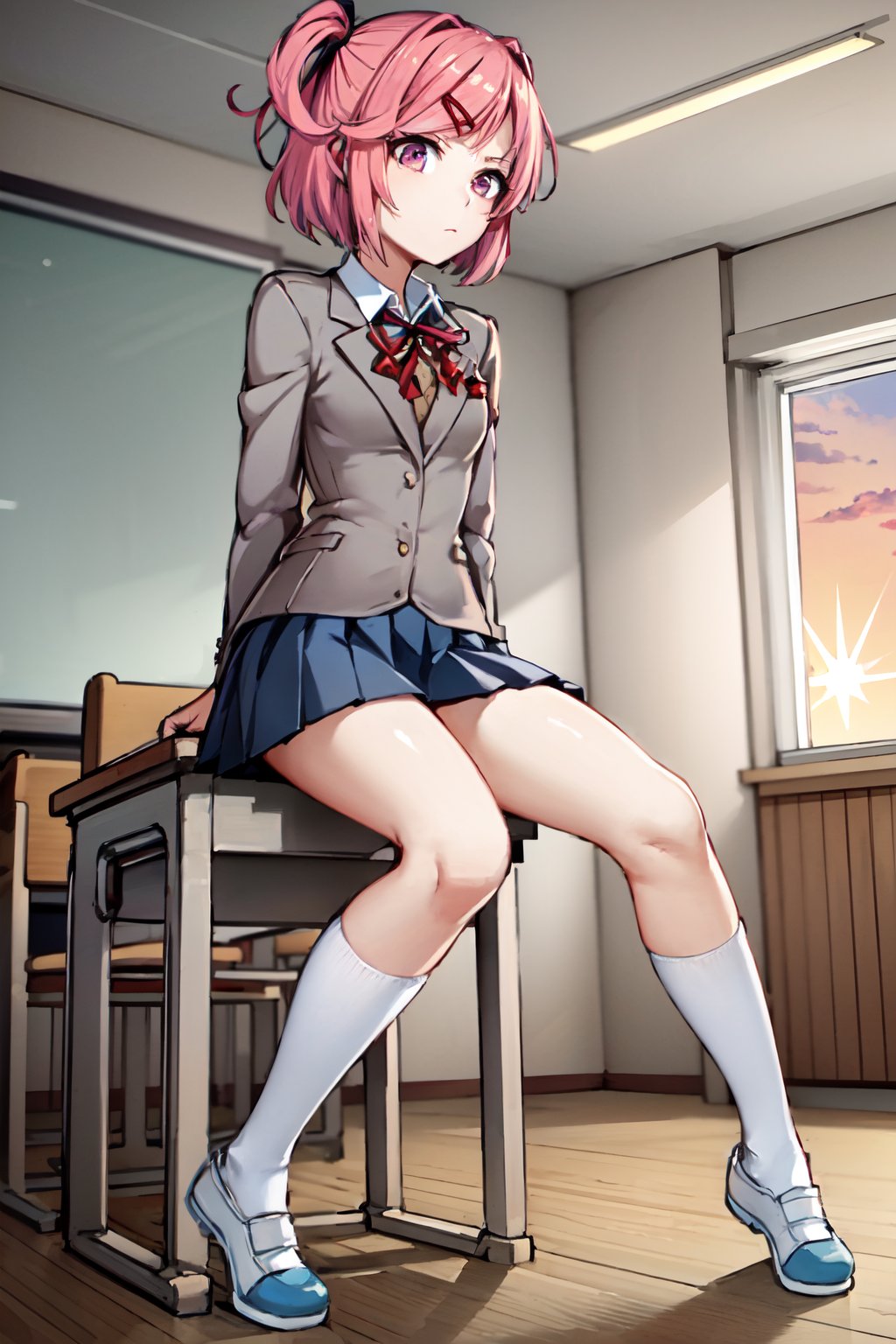 natsuki, red hairclip, flat chest, pleated skirt, expressionless, grey jacket, in classroom, sunset, sitting on desk, full body, white socks, blue footwear