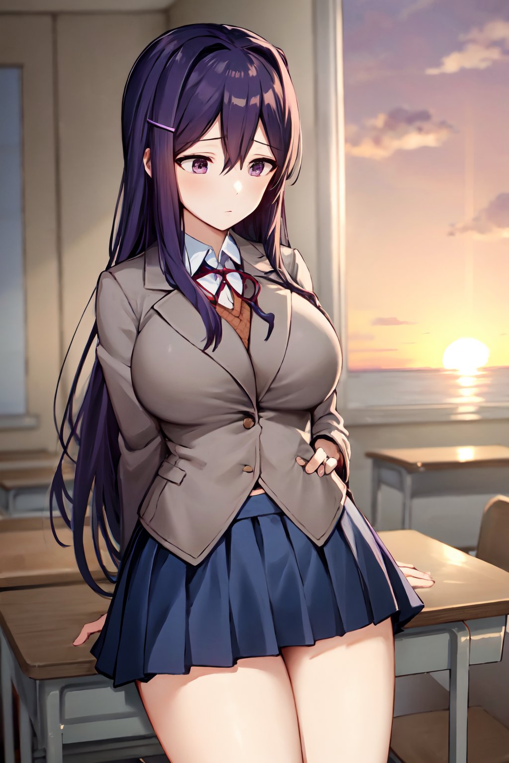 yuri, large breasts, pleated skirt, shy, looking away, grey jacket, in classroom, sunset