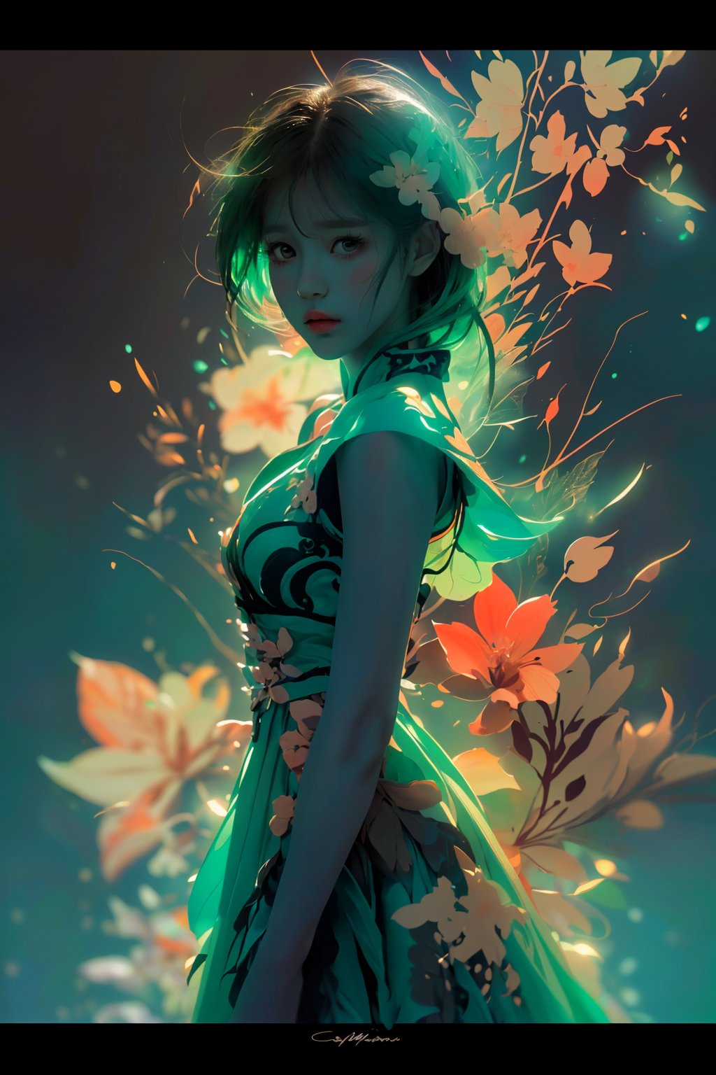 woman, flower dress, colorful, darl background,flower armor,green theme,exposure blend, medium shot, bokeh, (hdr:1.4), high contrast, (cinematic, teal and orange:0.85), (muted colors, dim colors, soothing tones:1.3), low saturation