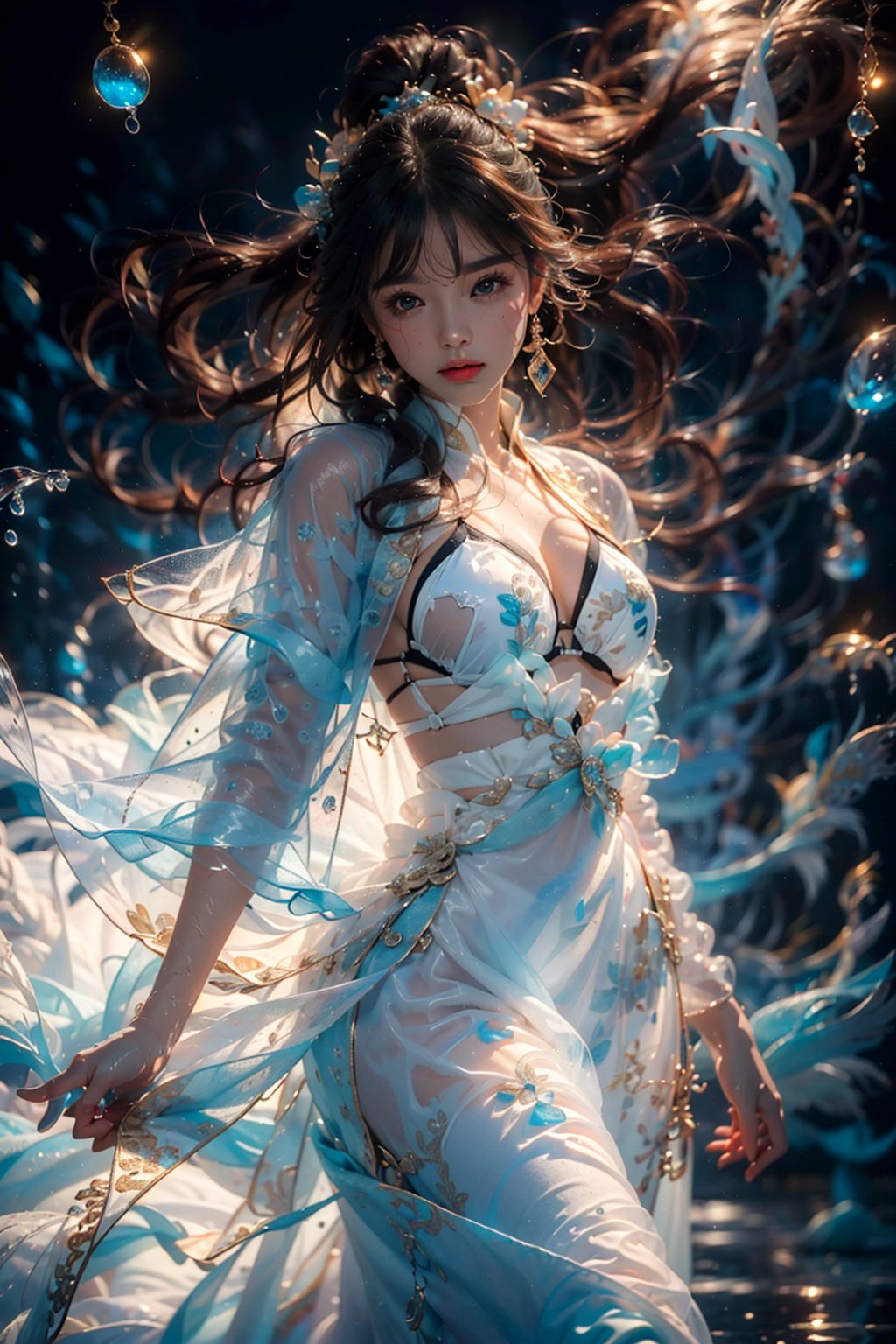  High quality, masterpiece, wallpaper, A beautiful woman is surrounded by a water ring, (translucent white gauze dress: 1.3), (bikini: 1.3), ponytail, walking, splashing water, fantasy,