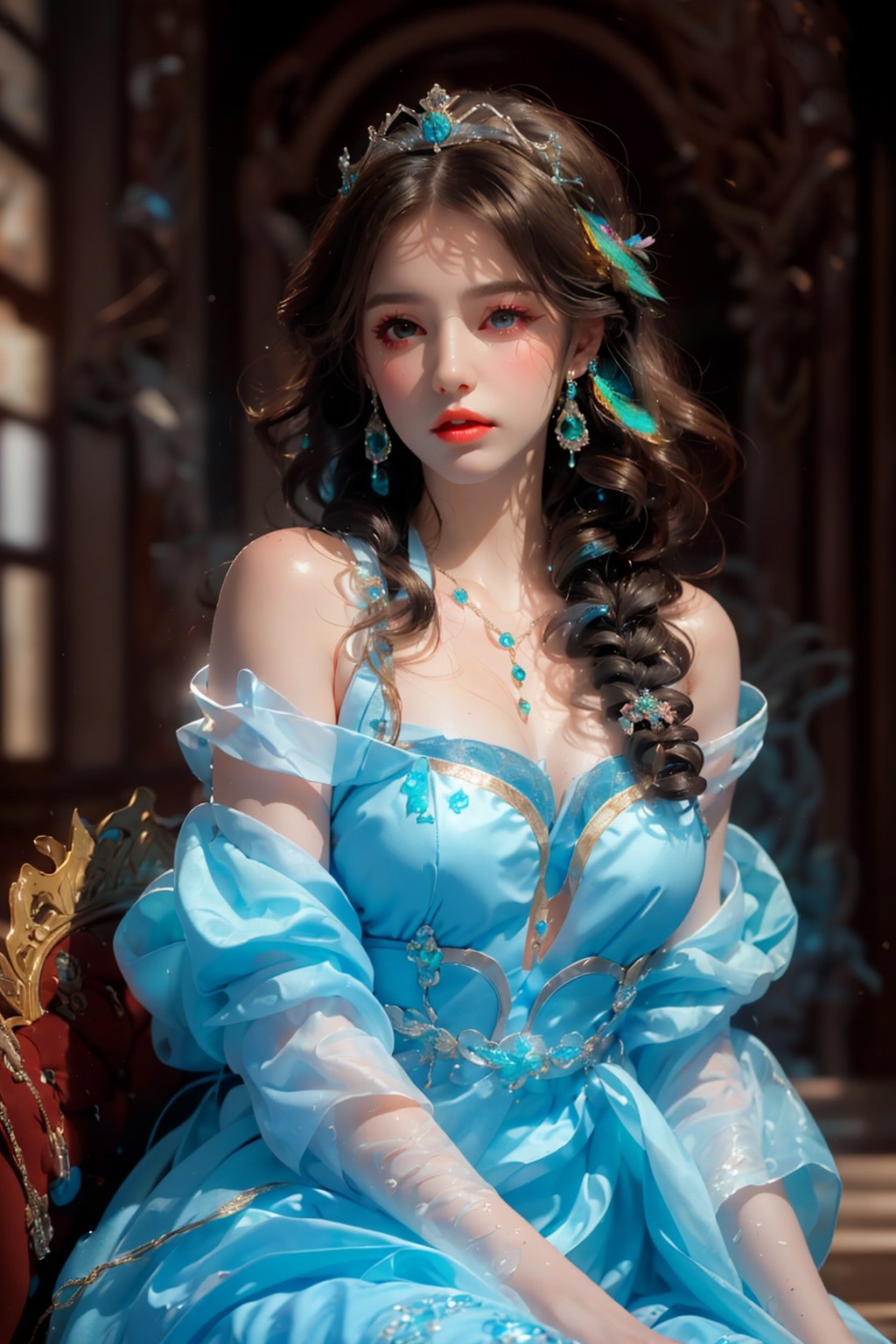  1girl,long hair,sitting,dress,solo,crown,black hair,braid,watermark,lips,blurry,indoors,realistic,bare shoulders,tiara,brown hair,breasts,makeup,curly hair,jewelry,gem,peacock style,glow,