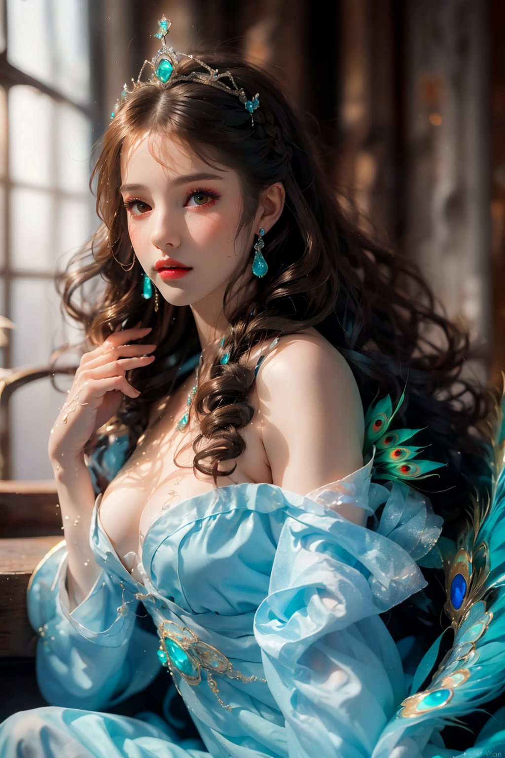  1girl,long hair,sitting,dress,solo,crown,black hair,braid,watermark,lips,blurry,indoors,realistic,bare shoulders,tiara,brown hair,breasts,makeup,curly hair,jewelry,gem,peacock style,glow,