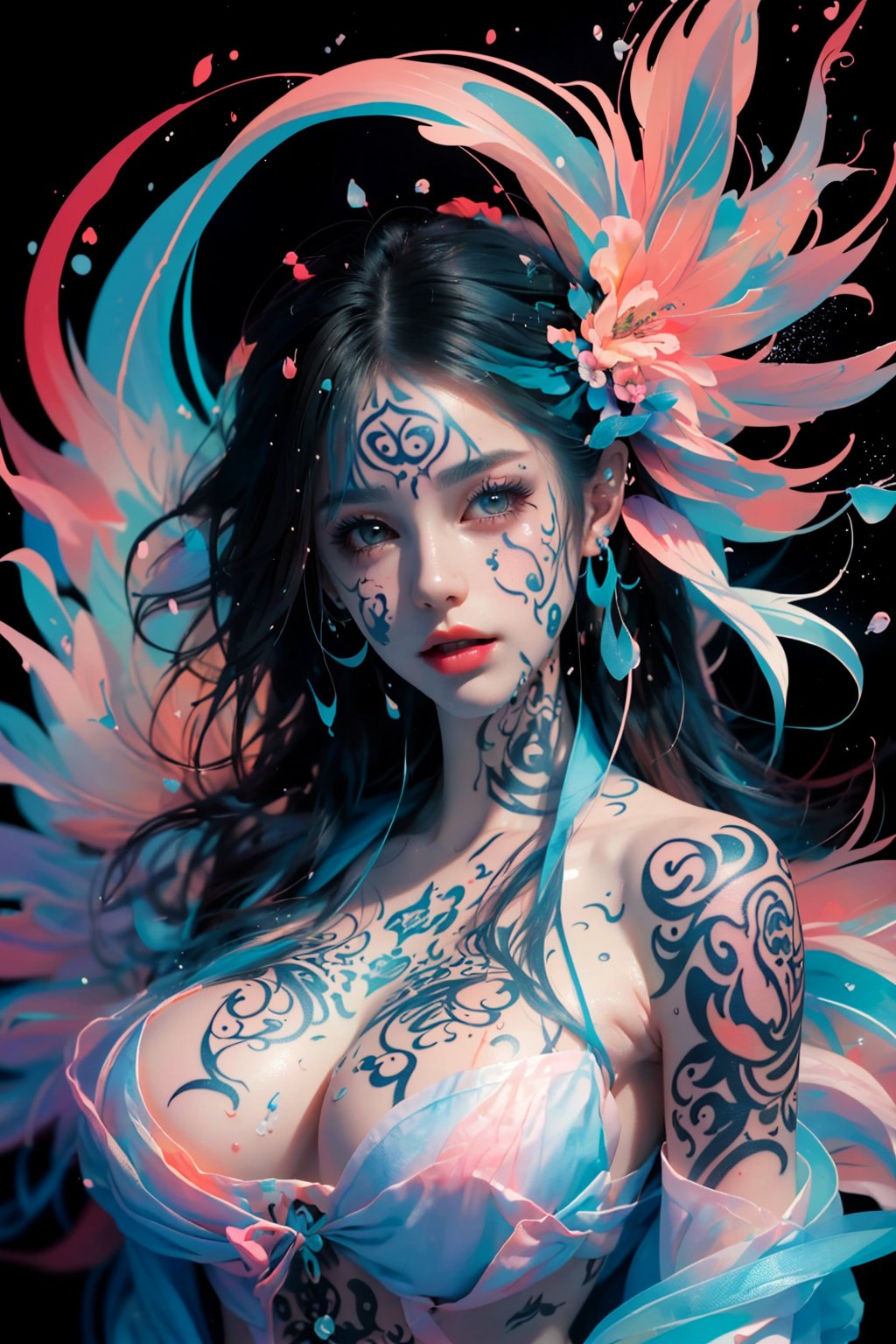  offcial art, colorful, Colorful background, splash of color, A beautiful woman with delicate facial features, The chest is large, tattoo all over body, Flower arms, Colorful and colorful silks cover the body, The looming body, Sideways photo,(tattoos))