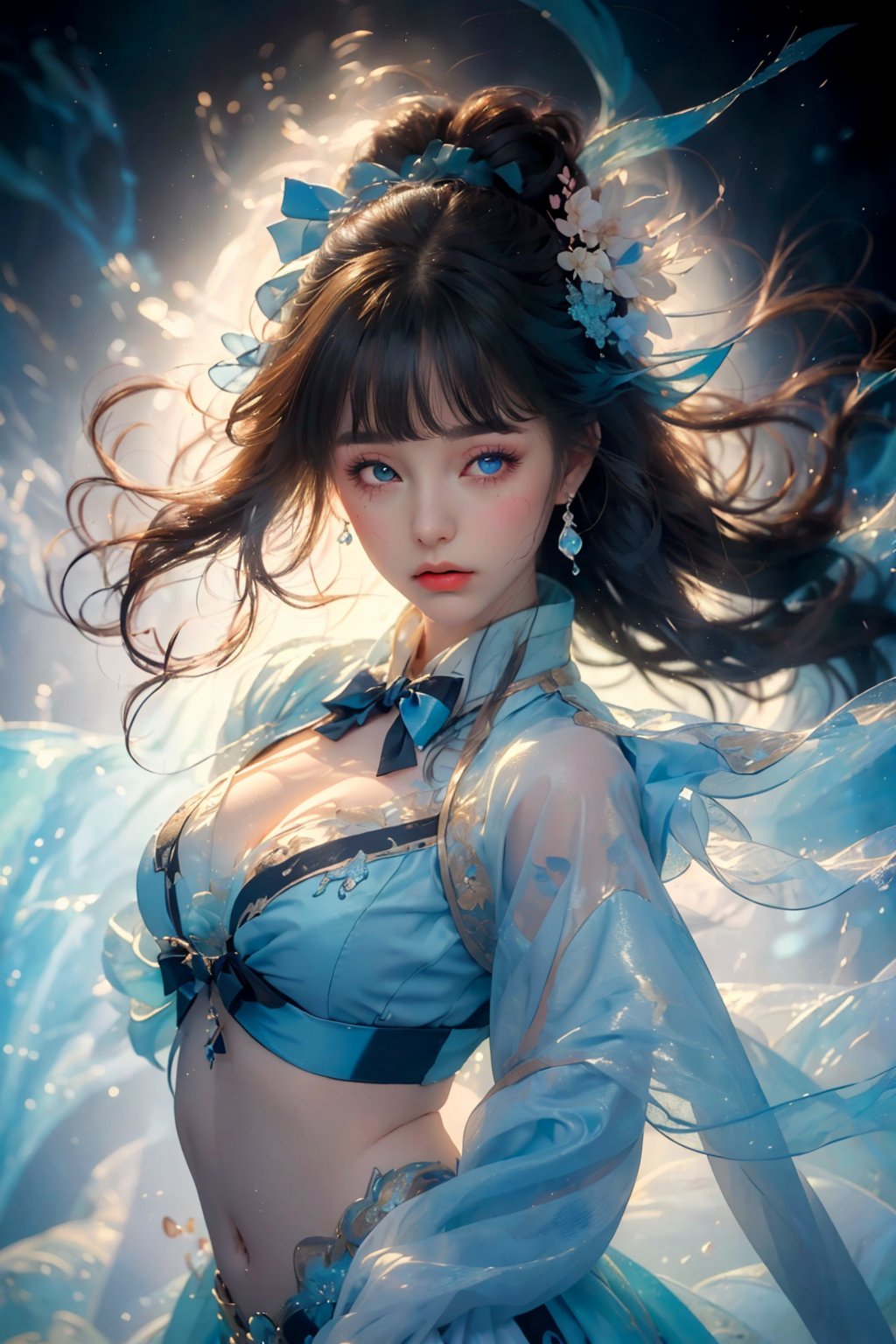 (((masterpiece))),best quality, illustration,(beautiful detailed girl),beautiful detailed glow,detailed ice,beautiful detailed water,(beautiful detailed eyes),expressionless,(floating palaces),azure hair,disheveled hair,long bangs, hairs between eyes,(skyblue dress),black ribbon,white bowties,midriff,{{{half closed eyes}}},big forhead,blank stare,flower,large top sleeves