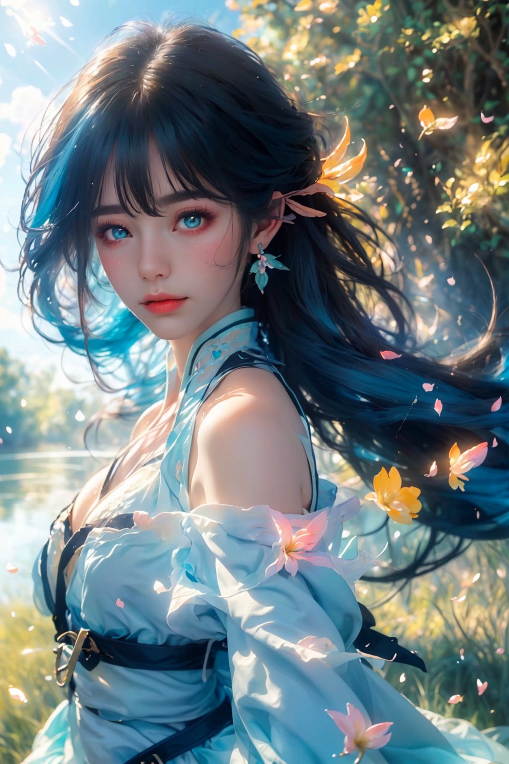 (cowboy shot), ((close-up)), layla_genshin, blue hair, long hair, yellow eyes, pointed ears, bare shoulders, blue detached sleeves, upper body, standing, (masterpiece, high quality, best quality), (colorful),(delicate eyes and face), volumatic light, ray tracing, bust shot ,extremely detailed CG unity 8k wallpaper,solo((flying petal)),(Flowery meadow) sky, blue sky, sunny, light, fantasy, windy, magic sparks, outdoors, park, trees, flowers, lake,