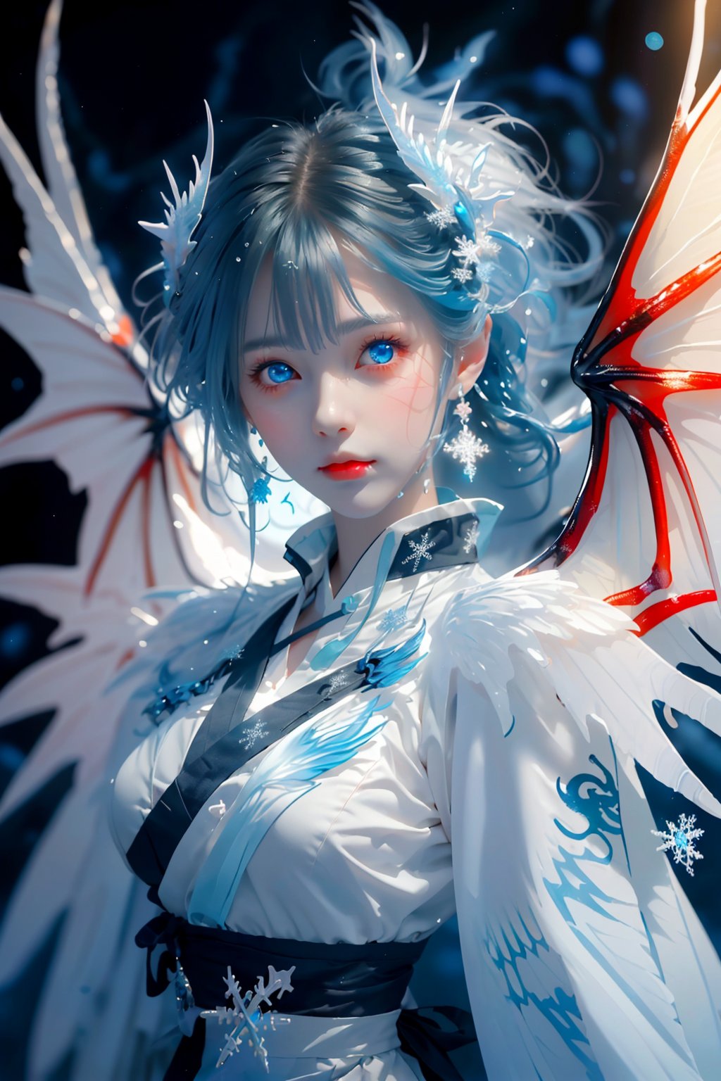  ((best quality)), ((masterpiece)), ((ultra-detailed)), extremely detailed CG, (illustration), ((detailed light)), (an extremely delicate and beautiful), a girl, solo, ((upper body,)), ((cute face)), expressionless, (beautiful detailed eyes), blue dragon eyes, (Vertical pupil:1.2), white hair, shiny hair, colored inner hair, (Dragonwings:1.4), [Armor_dress], blue wings, blue_hair ornament, ice adorns hair, [dragon horn], depth of field, [ice crystal], (snowflake), [loli], [[[[[Jokul]]]]],water