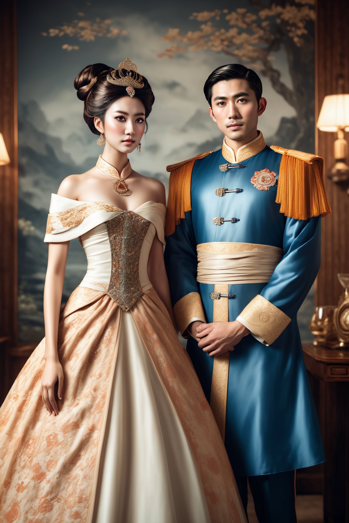 Extremely Realistic,  An emperor and a consort are portrayed in a scene filled with grandeur. The woman is stunningly beautiful, with youthful makeup and striking, moist large eyes, adorned with luxurious jewelry. The man, an ancient Chinese emperor, exudes a powerful, commanding presence reminiscent of Qin Shi Huang. He portrays an air of overwhelming authority and might. The scene is bright, emphasizing the nobility and majesty of both figures. Key features include the consort’s captivating beauty and radiant eyes, her elegant jewelry, the emperor’s formidable and imperial aura, and the overall luminous and regal atmosphere. vintage polaroid aesthetic,  grainy,  noisy,  gritty,  grunge,  80s rock vibe. Extremely Realistic, photo r3al, r4w photo, vintagepaper, old style,old style,vintagepaper,Enhanced All,Pure Beauty,Surreal photography ,Truly Female Beauty