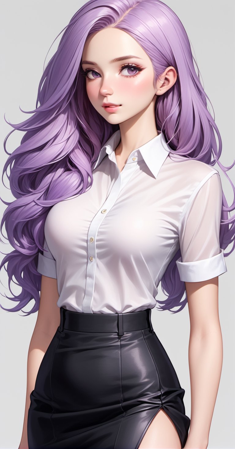 Masterpiece, high quality,1 pretty, lovely girl, white skin, light purple hair, shoulder-length hair, light curls, wearing a white shirt and a long black pencil skirt, Super Detail, Full HD,Enhanced All,Truly Female Beauty