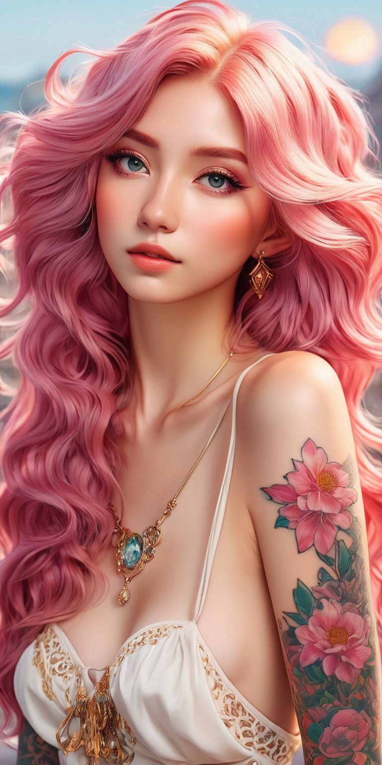 Style sticker, sticker with white edges, beautiful shiny sticker, beautiful, Tattoo vibes: I carry my passion stamped on my skin. Imagine a scene of a beautiful young woman, 25 years old, pink hair with light highlights, with a tattoo on the skin, bright color, isometric background, blurred background of a tattoo studio, trending artstation, 8k, resolution qlta masterpiece, realistic photography, by Alphonse Mucha, by Wlop,sticker,aw0k euphoric style, anime style,Enhanced All,Truly Female Beauty