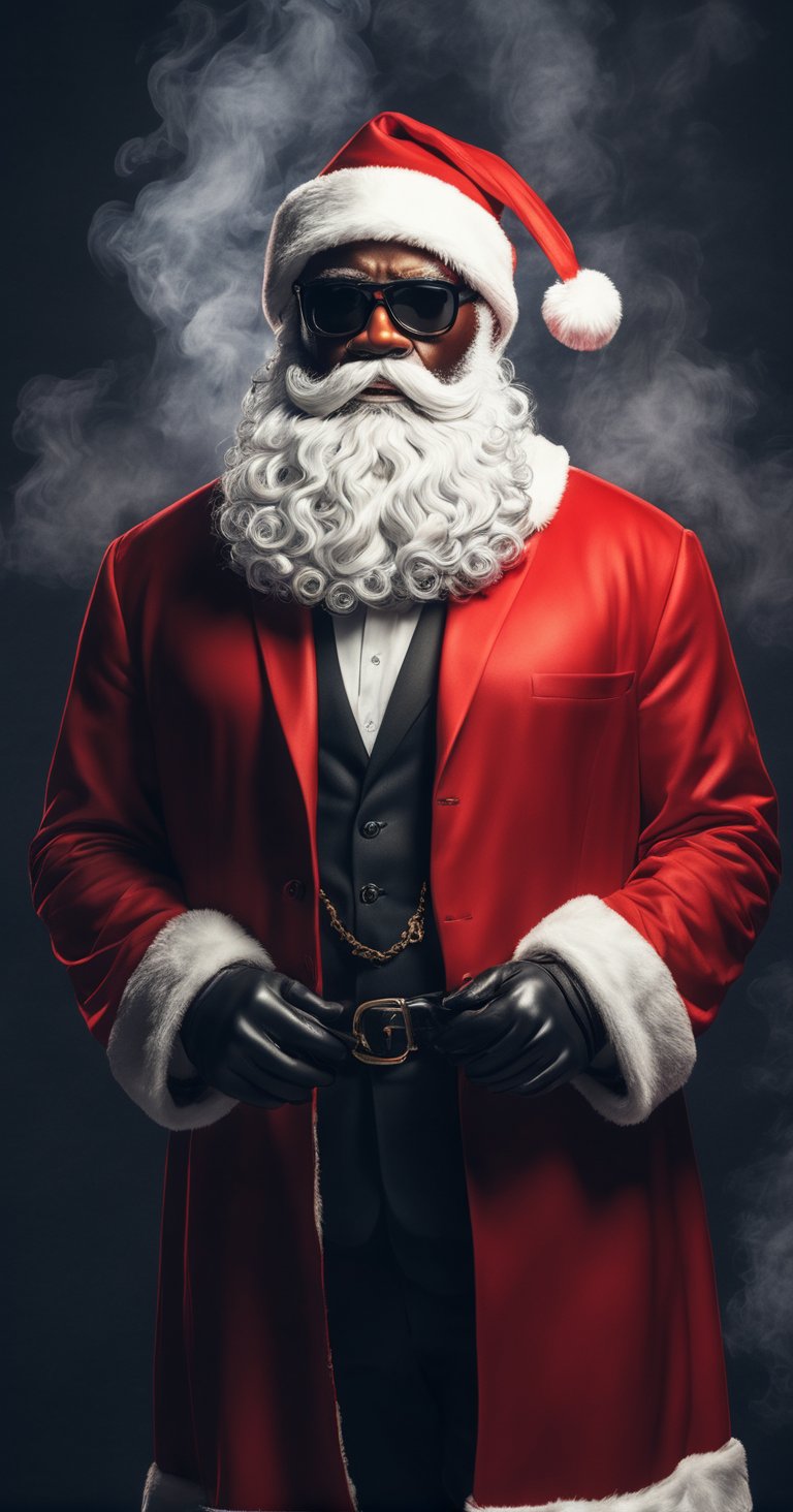 Masterpiece, hyper realistic photography, high quality, in the parallel world to us, Santa Claus is a dark side character. He looks quite like mafia with all black Santa Claus clothes, cruel face, wears black sunglasses, smoking a big cigars. Standing at a death atmosphere place,Unique Masterpiece