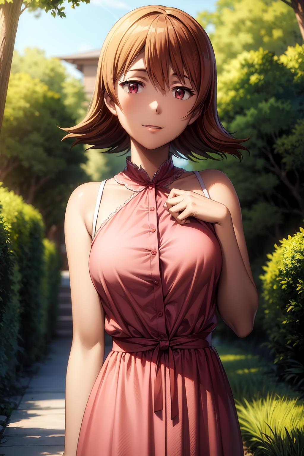 (RAW photo, best quality), masterpiece, an extremely delicate and beautiful, extremely detailed, 2k wallpaper, Amazing, finely detail, extremely detailed CG unity 8k wallpaper, ultra-detailed, highres, soft light, beautiful detailed girl, cinematic lightning, perfect anatomy, look at viewer, smile, 1girl, solo, short hair, orange hair, maroon eyes, dress, casual dress, outdoors, sora_takenouchi
