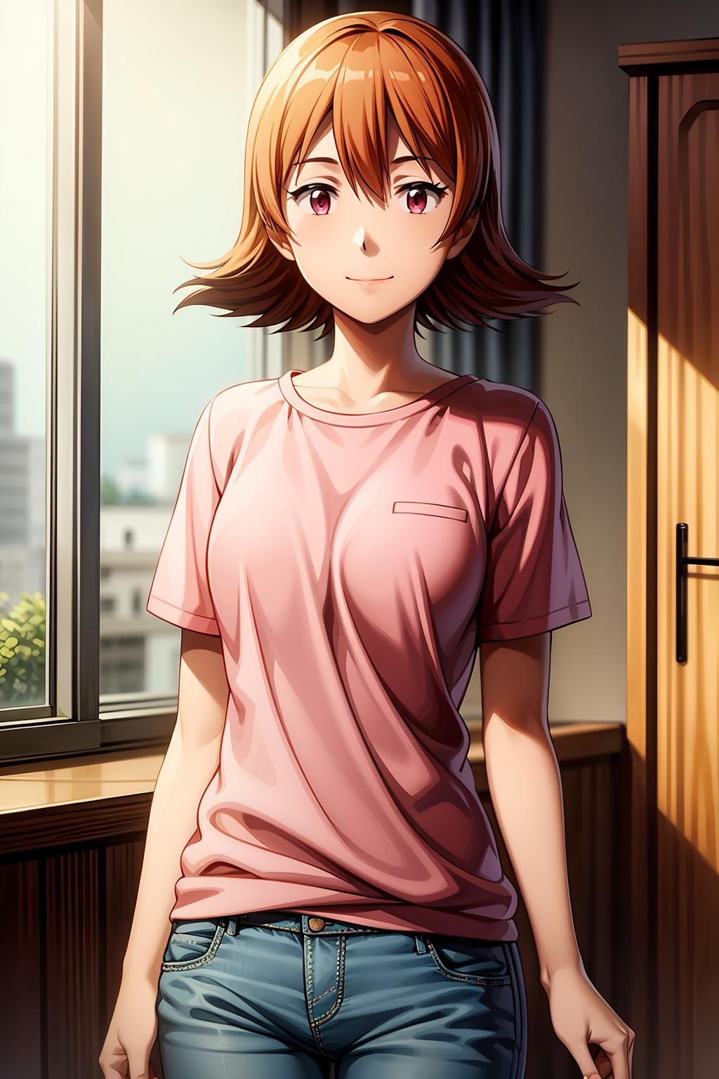 (RAW photo, best quality), masterpiece, an extremely delicate and beautiful, extremely detailed, 2k wallpaper, Amazing, finely detail, extremely detailed CG unity 8k wallpaper, ultra-detailed, highres, soft light, beautiful detailed girl, cinematic lightning, perfect anatomy, look at viewer, smile, 1girl, solo, short hair, orange hair, maroon eyes, short sleeves, pants, denim, pink shirt, jeans, indoors, sora_takenouchi