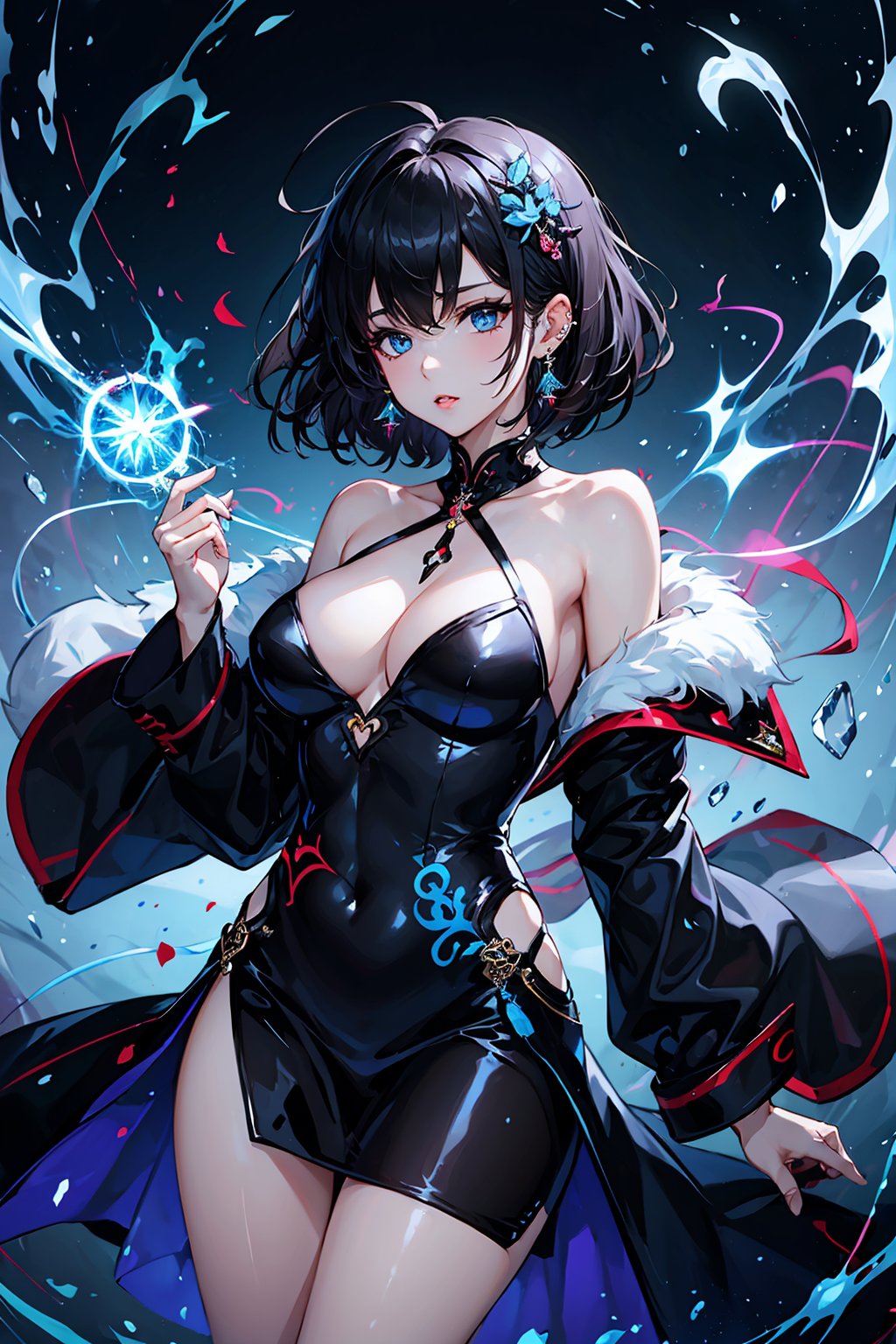  1girl,Bangs, off shoulder, black hair, blue dress, blue eyes, chest, earrings, dress, earrings, floating hair, jewelry, sleeveless, short hair,Looking at the observer, parted lips, pierced,energy,electricity,magic, sifang