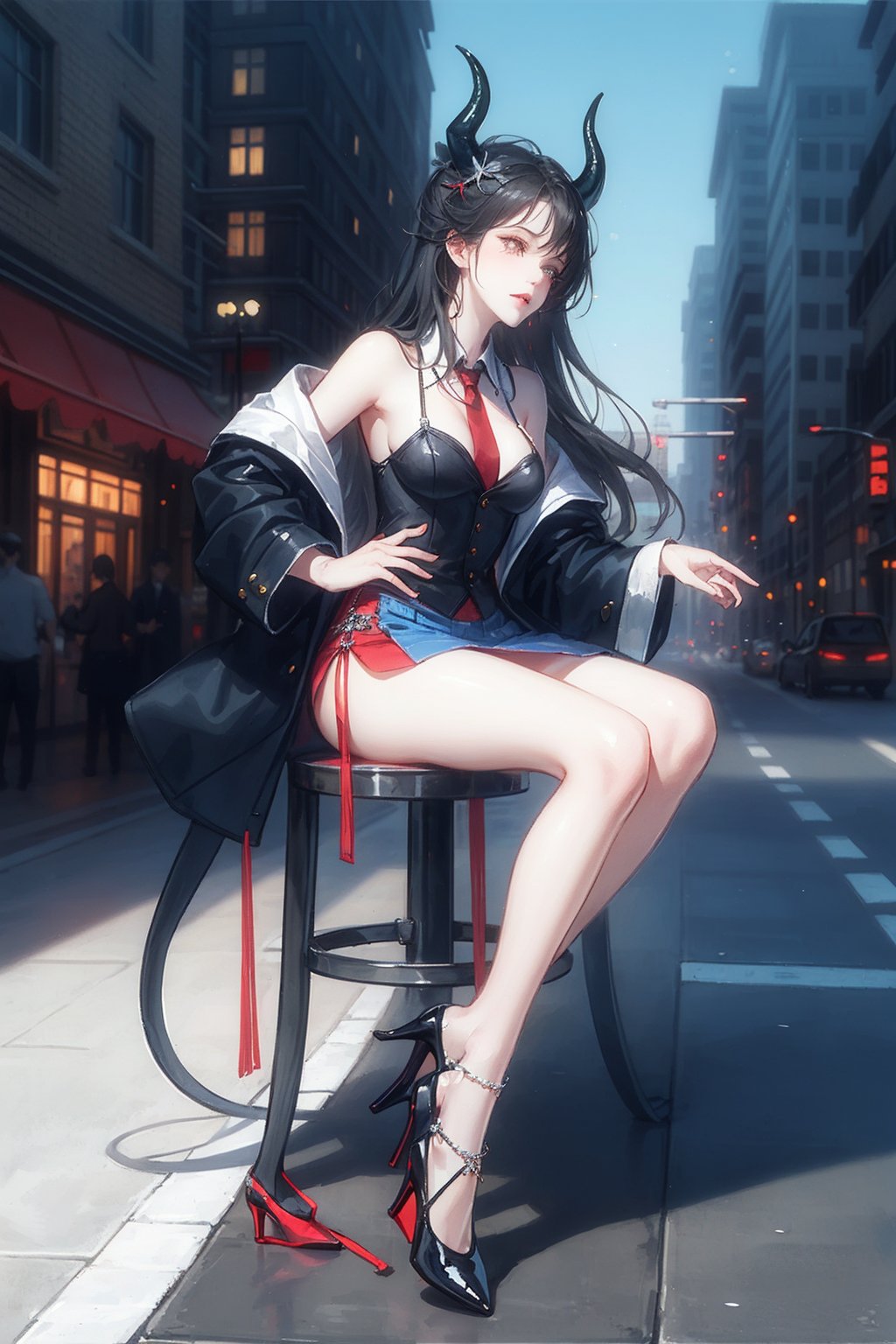  cowboy shoot ,masterpiece, best quality, 
1girl, horns, skirt, necktie, jacket, tail,blue skin
street,city,street background, full_body,high heels, beautiful face