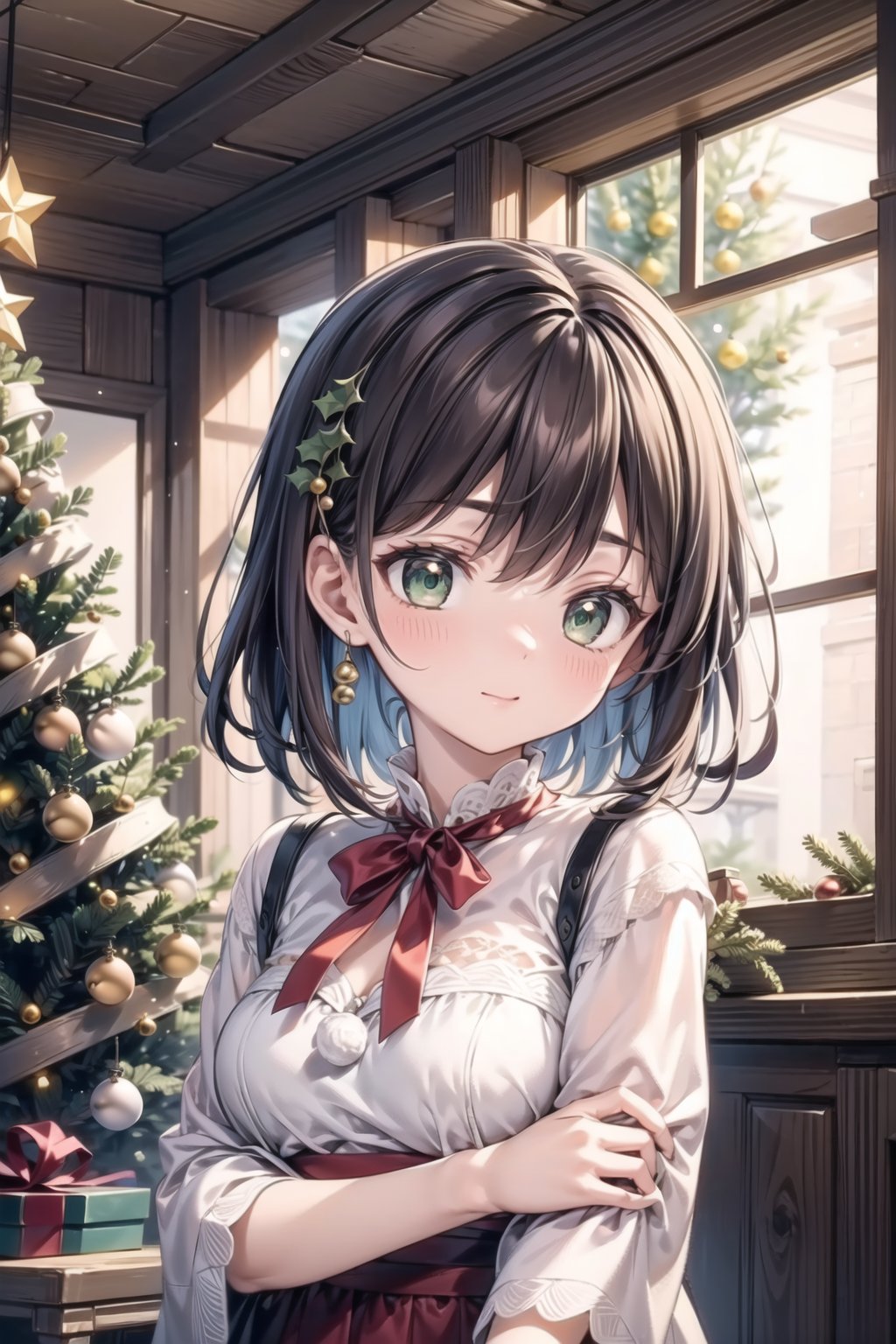 vibrant colors,  female,  masterpiece,  sharp focus,  best quality,  depth of field,  cinematic lighting,  ((solo,  adult woman)),  (illustration,  8k CG,  extremely detailed),  masterpiece,  ultra-detailed,  1 girl,  medium hair,  mixed hair,  brown hair,  green eyes,  in a festive nook adorned with mistletoe,  a girl stands beneath the holiday greenery,  creating a scene of enchanting merriment. The detailed illustration captures her in a moment of whimsy,  surrounded by the timeless tradition of the Christmas mistletoe,  dressed in festive attire suitable for the season,  the room is bathed in the soft glow of holiday lights,  creating an intimate and warm atmosphere. The mistletoe becomes a playful accent,  symbolizing the spirit of holiday gatherings and timeless traditions,  the illustration paints a charming portrait of a girl beneath the Christmas greenery,  where her presence and the festive mistletoe create an atmosphere of joy,  anticipation,  and the promise of holiday magic,<lora:EMS-50097-EMS:0.400000>,<lora:EMS-179-EMS:0.400000>,<lora:EMS-173539-EMS:0.400000>