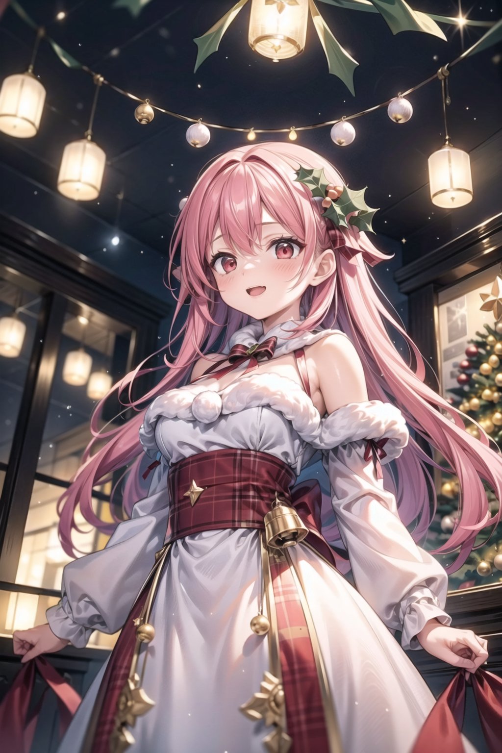 vibrant colors,  female,  masterpiece,  sharp focus,  best quality,  depth of field,  cinematic lighting,  ((solo,  adult woman)),  (illustration,  8k CG,  extremely detailed),  masterpiece,  ultra-detailed, 1 girl,  long hair,  pink hair,  red eyes,  ,  in a dazzling display of holiday splendor,  a girl stands adorned in Christmas attire amidst a sea of twinkling lights and festive illuminations. The detailed illustration captures her in the enchanting embrace of the season,  surrounded by the luminous glow of holiday decorations,  dressed in vibrant and festive clothing,  the room is aglow with the warm hues of Christmas lights,  creating a magical and inviting atmosphere. The girl's joyful expression reflects the spirit of the season,  and the sparkling lights add a touch of winter magic to the festive tableau,  the illustration paints a vibrant portrait of a girl immersed in the brilliance of Christmas,  where her holiday attire and the luminous decorations create an atmosphere of joy,  warmth,  and the radiant magic of the holiday season,<lora:EMS-173539-EMS:0.400000>,<lora:EMS-50097-EMS:0.400000>,<lora:EMS-179-EMS:0.400000>