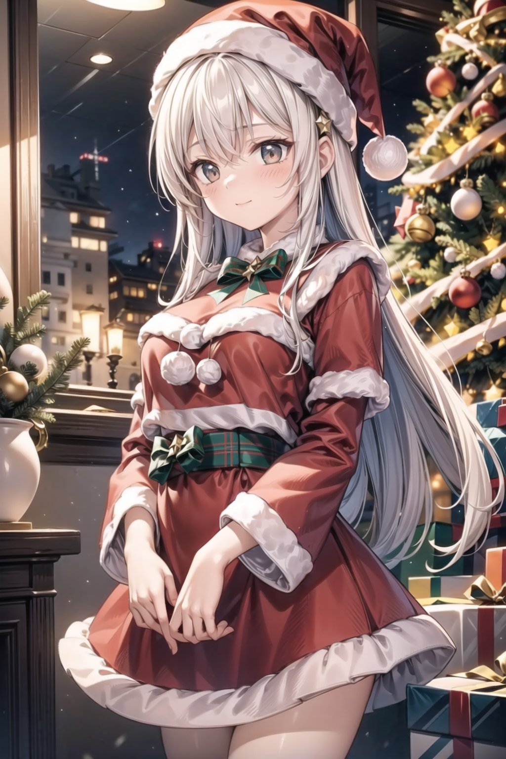 vibrant colors,  female,  masterpiece,  sharp focus,  best quality,  depth of field,  cinematic lighting,  ((solo,  adult woman)),  (illustration,  8k CG,  extremely detailed),  masterpiece,  ultra-detailed,  1 girl,  long hair,  mixed hair,  blond hair,  within the cozy embrace of home,  a girl dons a festive ensemble mirroring Santa's iconic red and white attire,  standing beneath the twinkling lights of the Christmas tree. The detailed illustration captures the enchanting scene as she becomes a living embodiment of holiday cheer,  adorned in the vibrant colors of Santa Claus,  the room is aglow with the warmth of festive decorations. The Christmas tree,  adorned with ornaments and baubles,  serves as a backdrop to the girl's joyful presence,  creating a harmonious festive atmosphere. the illustration paints a heartwarming portrait of a girl immersed in the magic of the season,  where her attire echoes the spirit of Santa Claus,  and the Christmas tree becomes a symbol of shared joy and holiday celebration,<lora:EMS-50097-EMS:0.400000>,<lora:EMS-179-EMS:0.400000>,<lora:EMS-173539-EMS:0.400000>