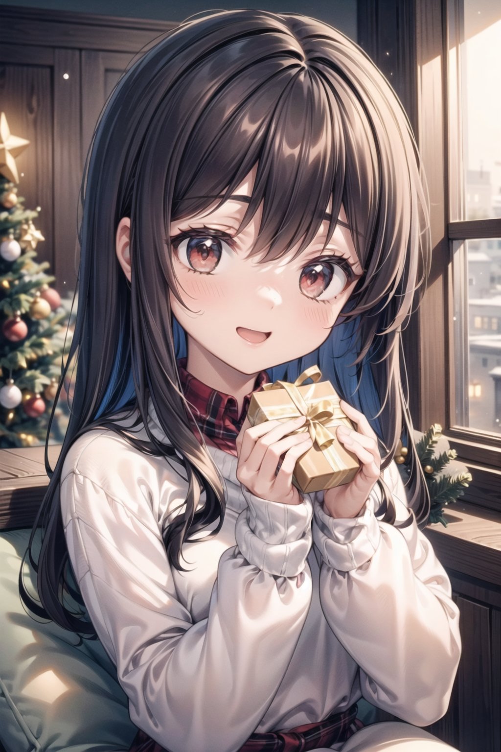 vibrant colors,  female,  masterpiece,  sharp focus,  best quality,  depth of field,  cinematic lighting,  ((solo,  adult woman)),  (illustration,  8k CG,  extremely detailed),  masterpiece,  ultra-detailed,  1 girl,  long hair,  brown hair,  flowing hair,  red eyes,  beautiful girl,  amidst the winter festivities,  a girl dons a charming Christmas sweater,  radiating warmth and holiday cheer. The detailed illustration captures the joyful atmosphere as she embraces the coziness of the season,  adorned in festive patterns,  dressed in winter attire that complements the holiday spirit,  the room is bathed in soft,  festive lighting,  creating a warm ambiance. Every detail,  from the intricate design of the sweater to the girl's cheerful expression,  contributes to the festive charm of the scene,  the illustration paints a heartwarming portrait of a girl immersed in the joy of the holiday season,  where the Christmas sweater becomes a delightful symbol of comfort and merriment,  echoing the spirit of festive celebration.,<lora:EMS-179-EMS:0.400000>,<lora:EMS-173539-EMS:0.400000>,<lora:EMS-50097-EMS:0.400000>