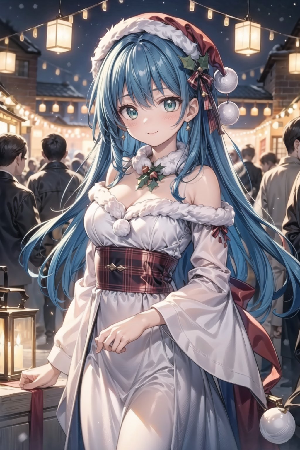 vibrant colors,  female,  masterpiece,  sharp focus,  best quality,  depth of field,  cinematic lighting,  ((solo,  adult woman)),  (illustration,  8k CG,  extremely detailed),  masterpiece,  ultra-detailed,  1 girl,  long hair,  blue hair,  green eyes,  in a dazzling display of holiday splendor,  a girl stands adorned in Christmas attire amidst a sea of twinkling lights and festive illuminations. The detailed illustration captures her in the enchanting embrace of the season,  surrounded by the luminous glow of holiday decorations,  dressed in vibrant and festive clothing,  the room is aglow with the warm hues of Christmas lights,  creating a magical and inviting atmosphere. The girl's joyful expression reflects the spirit of the season,  and the sparkling lights add a touch of winter magic to the festive tableau,  the illustration paints a vibrant portrait of a girl immersed in the brilliance of Christmas,  where her holiday attire and the luminous decorations create an atmosphere of joy,  warmth,  and the radiant magic of the holiday season,<lora:EMS-50097-EMS:0.400000>,<lora:EMS-179-EMS:0.400000>,<lora:EMS-173539-EMS:0.400000>