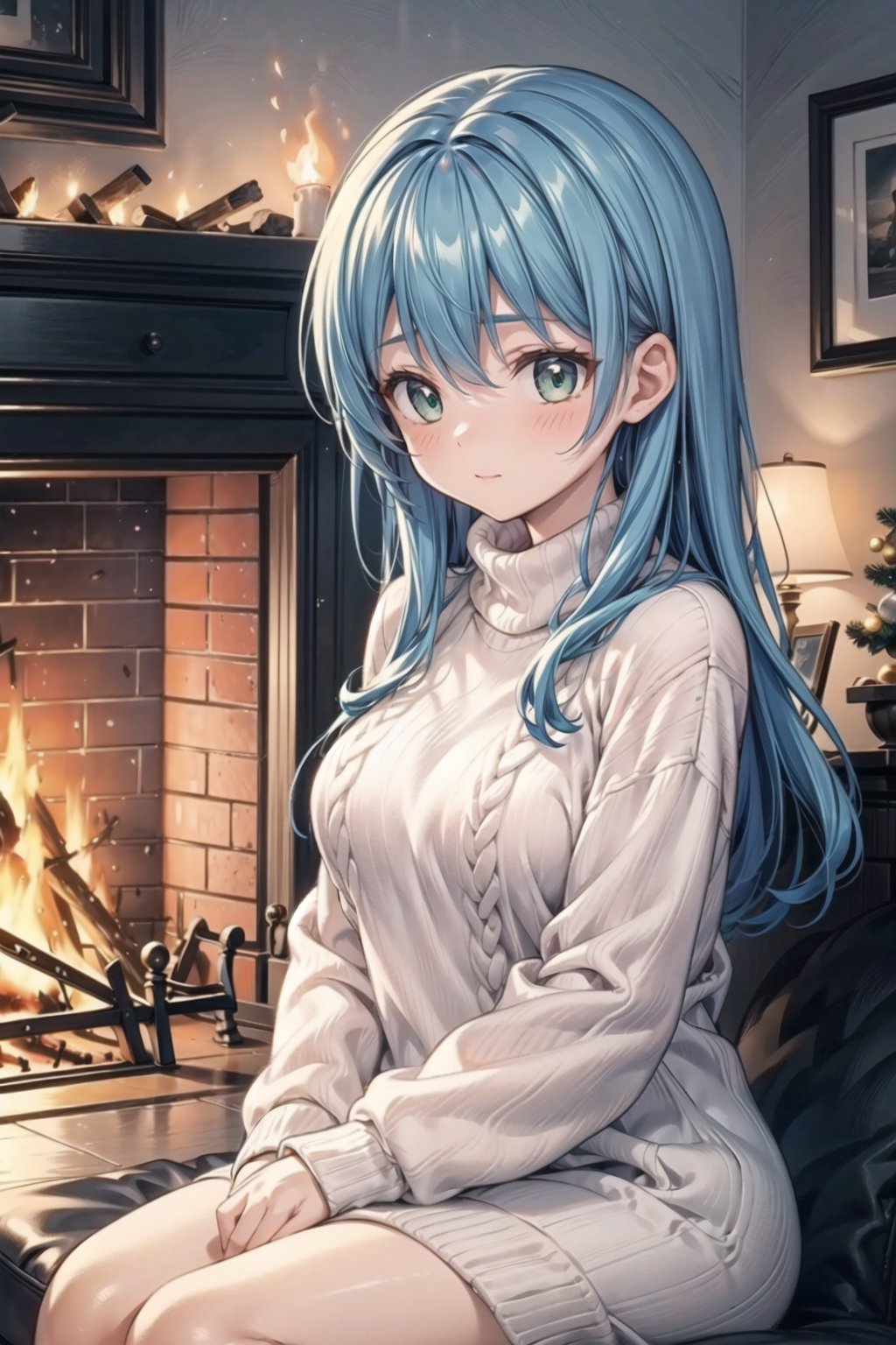 vibrant colors,  female,  masterpiece,  sharp focus,  best quality,  depth of field,  cinematic lighting,  ((solo,  adult woman)),  (illustration,  8k CG,  extremely detailed),  masterpiece,  ultra-detailed, 1 girl,  long hair,  mixed hair,  blue hair,  green eyes,  in the cozy glow of a crackling fireplace,  a girl,  adorned in a festive Christmas sweater,  basks in the warmth of the hearth. The detailed illustration captures the serene scene as she finds solace and comfort near the dancing flames,  wrapped in the cozy embrace of her holiday-themed knitwear,  the room is bathed in the soft radiance of the fire's glow,  creating a tranquil ambiance. The festive sweater,  adorned with cheerful patterns,  becomes a symbol of comfort and joy,  and the crackling fireplace adds a touch of seasonal magic,  the illustration paints a heartwarming portrait of a girl seeking respite from the winter chill,  where the festive knitwear and the flickering flames intertwine to create a scene of cozy serenity and holiday bliss,<lora:EMS-179-EMS:0.400000>,<lora:EMS-173539-EMS:0.400000>,<lora:EMS-50097-EMS:0.400000>