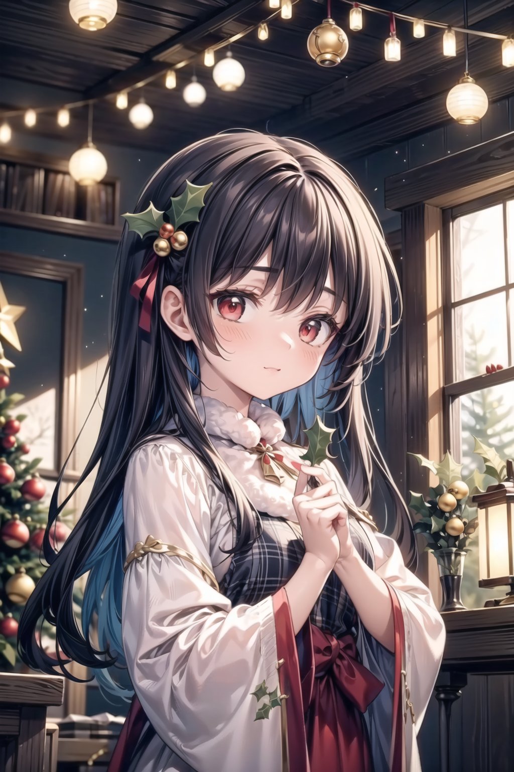 vibrant colors,  female,  masterpiece,  sharp focus,  best quality,  depth of field,  cinematic lighting,  ((solo,  adult woman)),  (illustration,  8k CG,  extremely detailed),  masterpiece,  ultra-detailed,  1 girl,  long hair,  red hair,  white hair,  black hair,  red eyes,  in a festive nook adorned with mistletoe,  a girl stands beneath the holiday greenery,  creating a scene of enchanting merriment. The detailed illustration captures her in a moment of whimsy,  surrounded by the timeless tradition of the Christmas mistletoe,  dressed in festive attire suitable for the season,  the room is bathed in the soft glow of holiday lights,  creating an intimate and warm atmosphere. The mistletoe becomes a playful accent,  symbolizing the spirit of holiday gatherings and timeless traditions,  the illustration paints a charming portrait of a girl beneath the Christmas greenery,  where her presence and the festive mistletoe create an atmosphere of joy,  anticipation,  and the promise of holiday magic,<lora:EMS-50097-EMS:0.400000>,<lora:EMS-179-EMS:0.400000>,<lora:EMS-173539-EMS:0.400000>