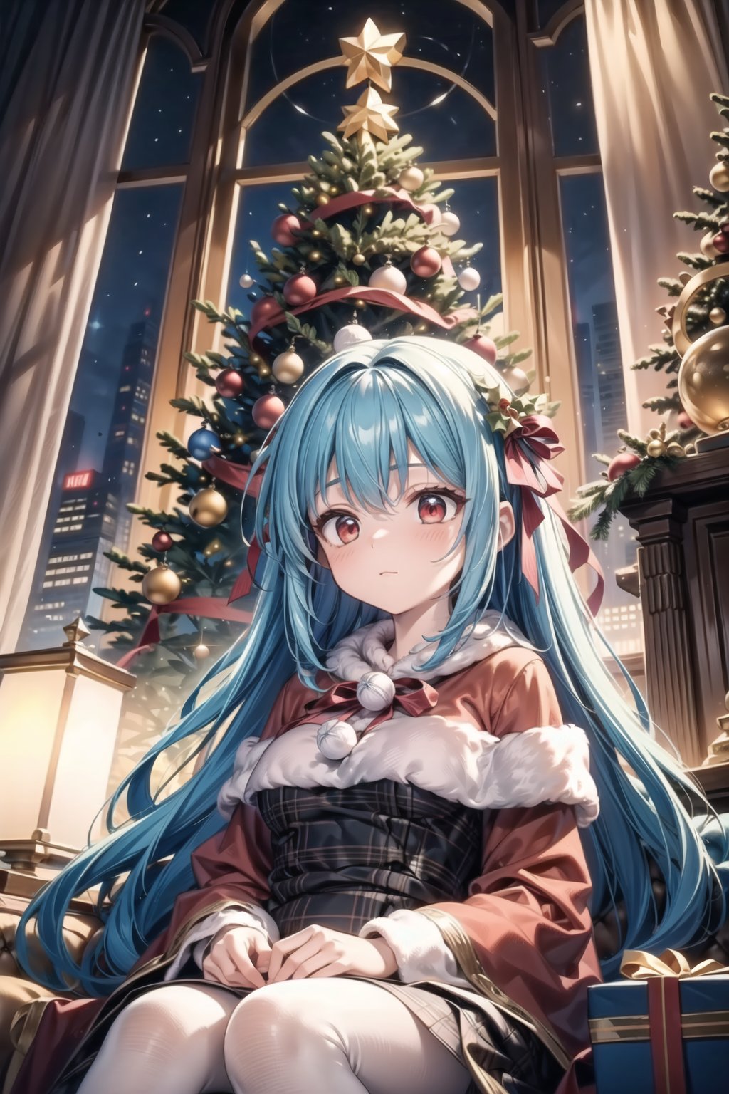 vibrant colors,  female,  masterpiece,  sharp focus,  best quality,  depth of field,  cinematic lighting,  ((solo,  adult woman)),  (illustration,  8k CG,  extremely detailed),  masterpiece,  ultra-detailed,  1 girl,  long hair,  mixed hair,  blue hair,  red eyes,  Title: "Festive Reverie: The Girl Beneath the Grand Christmas Canopy" Beneath the grandeur of a towering Christmas tree,  a girl sits in quiet reverie,  surrounded by the enchanting glow of holiday lights and ornaments. The detailed illustration captures the magical moment as she immerses herself in the festive splendor,  nestled under the colossal branches. Dressed in cozy winter attire,  the room is aglow with the radiant hues of ornaments and twinkling lights,  creating a harmonious symphony of holiday cheer. Each ornament on the colossal tree becomes a sparkling memory,  and the scene resonates with the timeless magic of Christmas.In "Festive Reverie,  " the illustration paints a heartwarming portrait of a girl,  captivated by the grandeur of the Christmas tree,  where the towering spectacle becomes a magical sanctuary,  and the room transforms into a canvas of holiday joy and timeless celebration,<lora:EMS-50097-EMS:0.400000>,<lora:EMS-179-EMS:0.400000>,<lora:EMS-173539-EMS:0.400000>