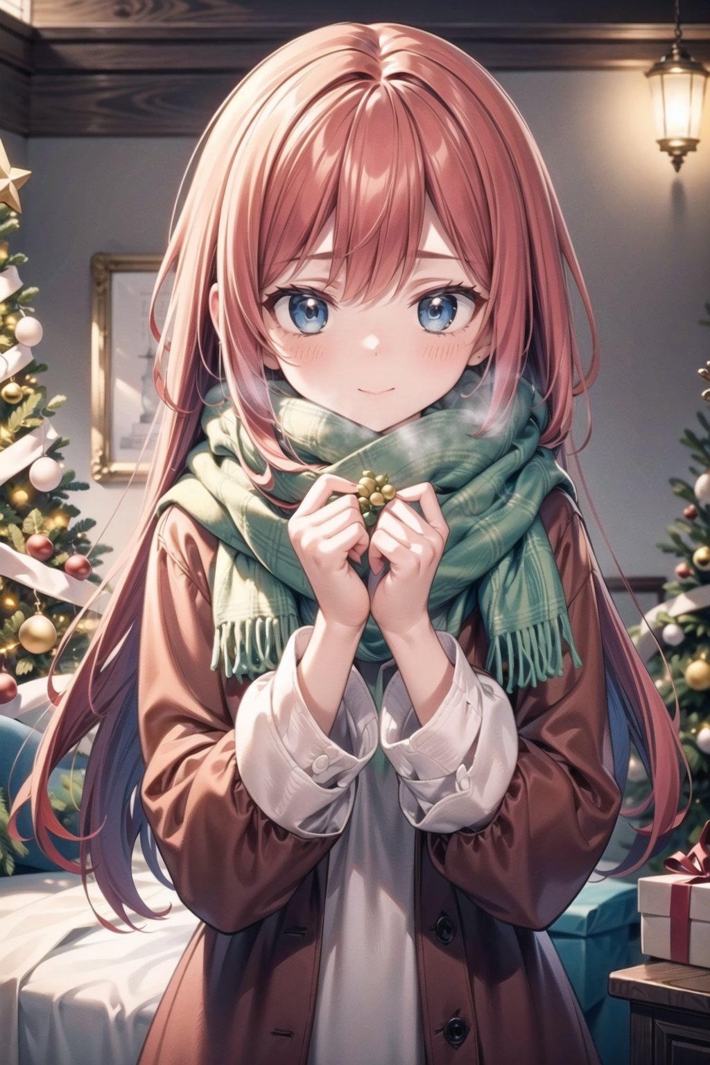 vibrant colors,  female,  masterpiece,  sharp focus,  best quality,  depth of field,  cinematic lighting,  ((solo,  adult woman)),  (illustration,  8k CG,  extremely detailed),  masterpiece,  ultra-detailed,  1 girl,  long hair,  red hair,  blue eyes,  in the soft glow of holiday lights,  a girl stands beneath the mistletoe,  adorned in a cozy scarf,  ready for a Christmas kiss. The detailed illustration captures the enchanting scene,  where romance and festive spirit intertwine beneath the timeless tradition of the Christmas mistletoe,  dressed in winter attire,  the room is filled with the warm hues of holiday decorations,  creating an intimate and inviting ambiance. The mistletoe becomes a symbol of anticipation,  and the girl's poised demeanor and scarf add a touch of wintery charm , the illustration paints a heartwarming portrait of a girl beneath the Christmas mistletoe,  where her readiness for a kiss and the festive scarf create an atmosphere of love,  warmth,  and the magic of holiday romance,<lora:EMS-50097-EMS:0.400000>,<lora:EMS-179-EMS:0.400000>,<lora:EMS-173539-EMS:0.400000>