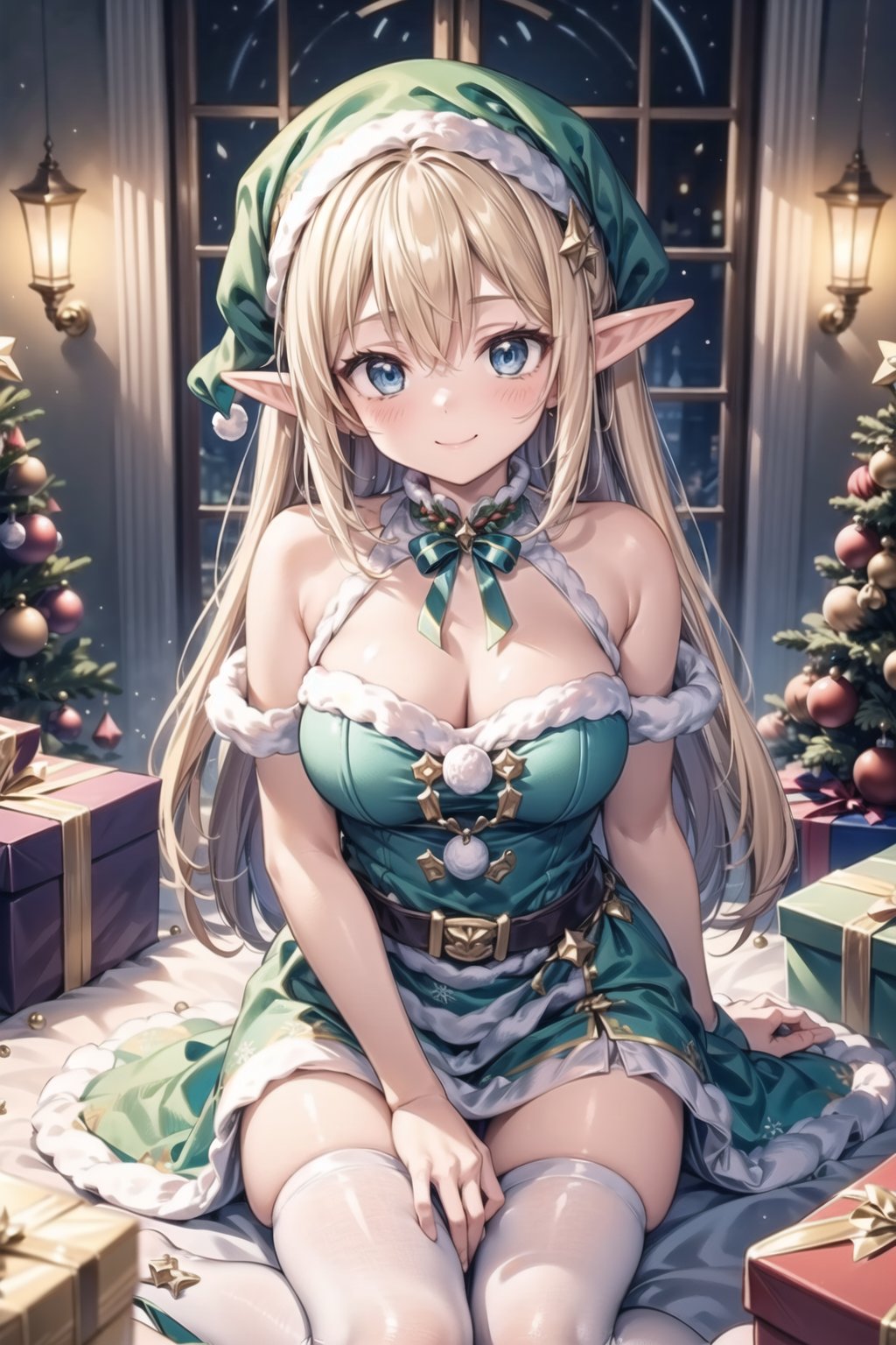 vibrant colors,  female,  masterpiece,  sharp focus,  best quality,  depth of field,  cinematic lighting,  ((solo,  adult woman)),  (illustration,  8k CG,  extremely detailed),  masterpiece,  ultra-detailed,  1 girl,  long hair,  mixed hair,  blonde hair,  blue eyes, In a whimsical yuletide realm,  a girl is adorned in an elfin ensemble,  capturing the magical essence of the holiday season. The detailed illustration portrays her in festive attire,  radiating charm and spreading joy as she embodies the spirit of a Christmas elf,  dressed in an enchanting elf costume,  the room is adorned with the festive glow of holiday decorations. The girl's playful demeanor and the magical ambiance around her create a scene of merriment and enchantment,  evoking the lively spirit of Santa's little helpers,  the illustration paints a spirited portrait of a girl transformed into an enchanting Christmas elf,  where her festive attire and joyful presence infuse the surroundings with the magic of the season,  creating a scene of holiday delight.,<lora:EMS-50097-EMS:0.400000>,<lora:EMS-179-EMS:0.400000>,<lora:EMS-173539-EMS:0.400000>